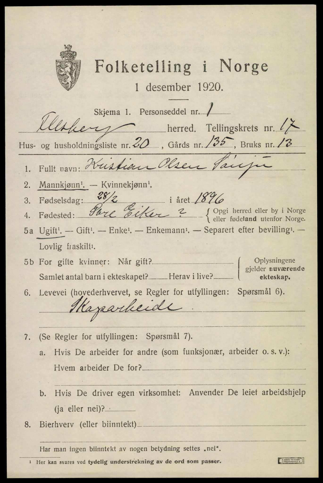 SAKO, 1920 census for Flesberg, 1920, p. 5401