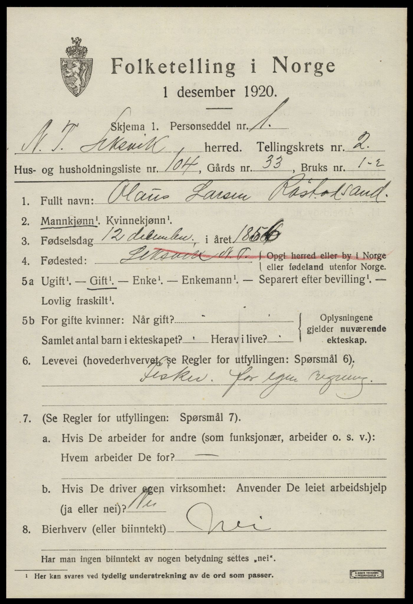 SAT, 1920 census for Leksvik, 1920, p. 2874