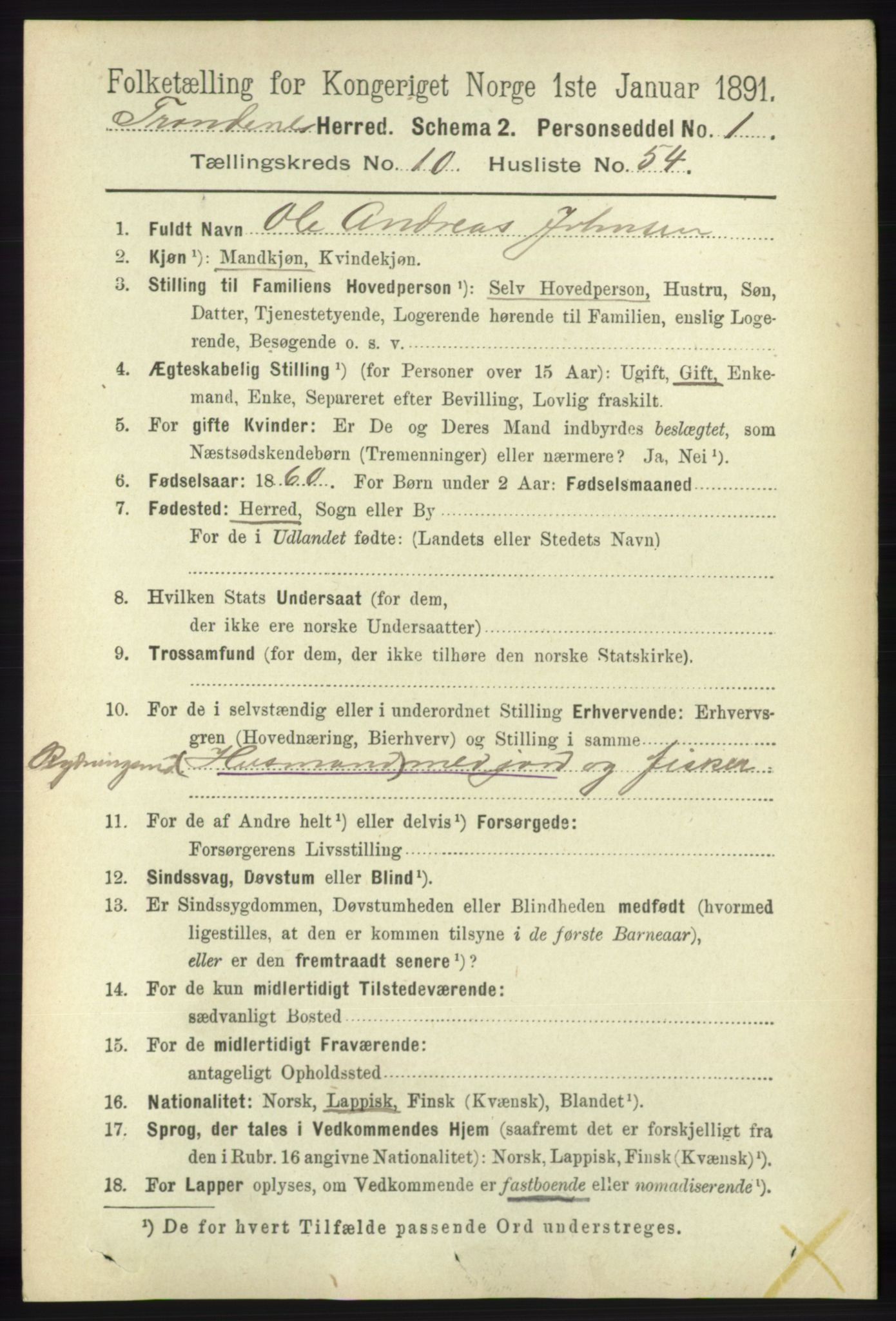 RA, 1891 census for 1914 Trondenes, 1891, p. 7865