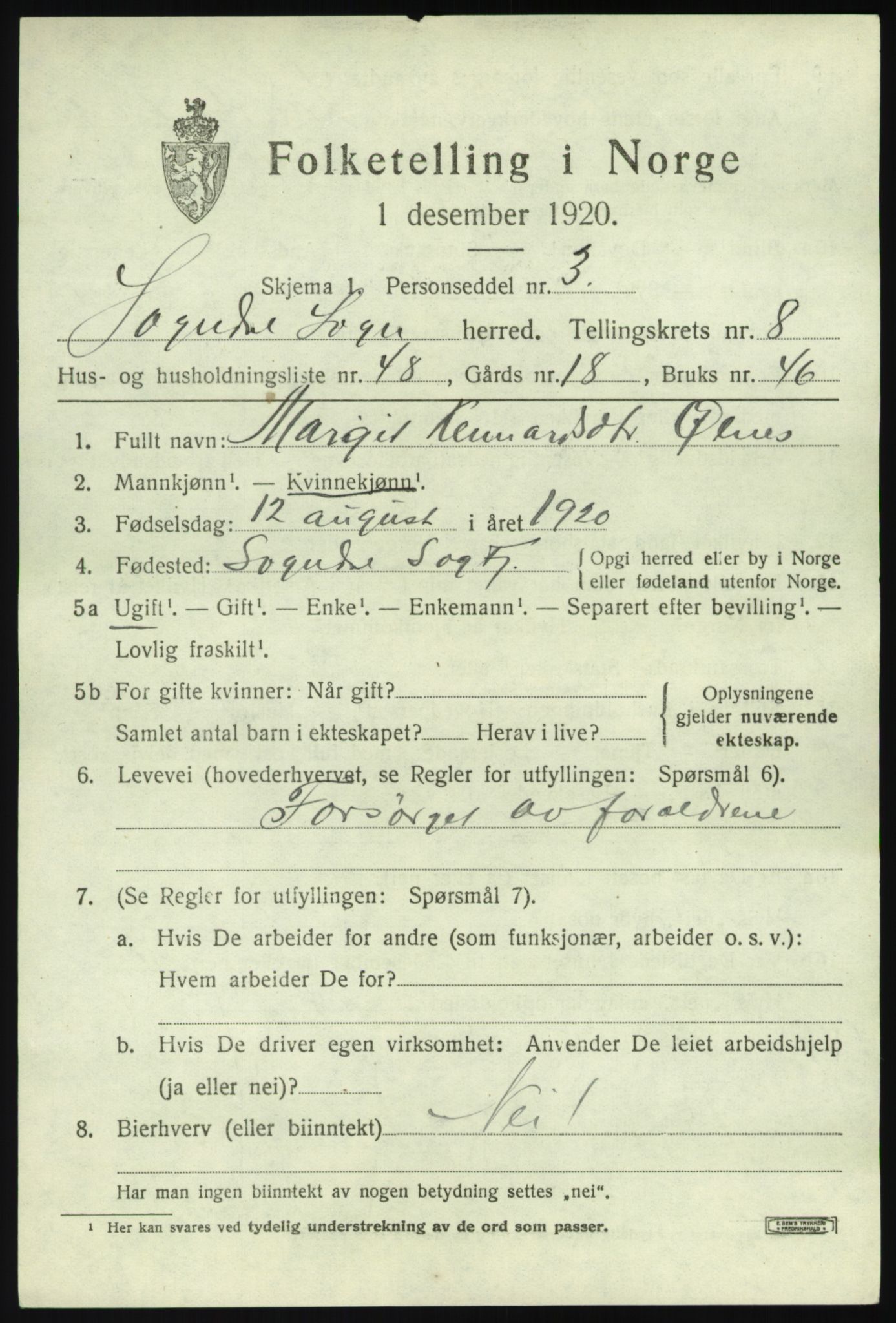 SAB, 1920 census for Sogndal, 1920, p. 4215