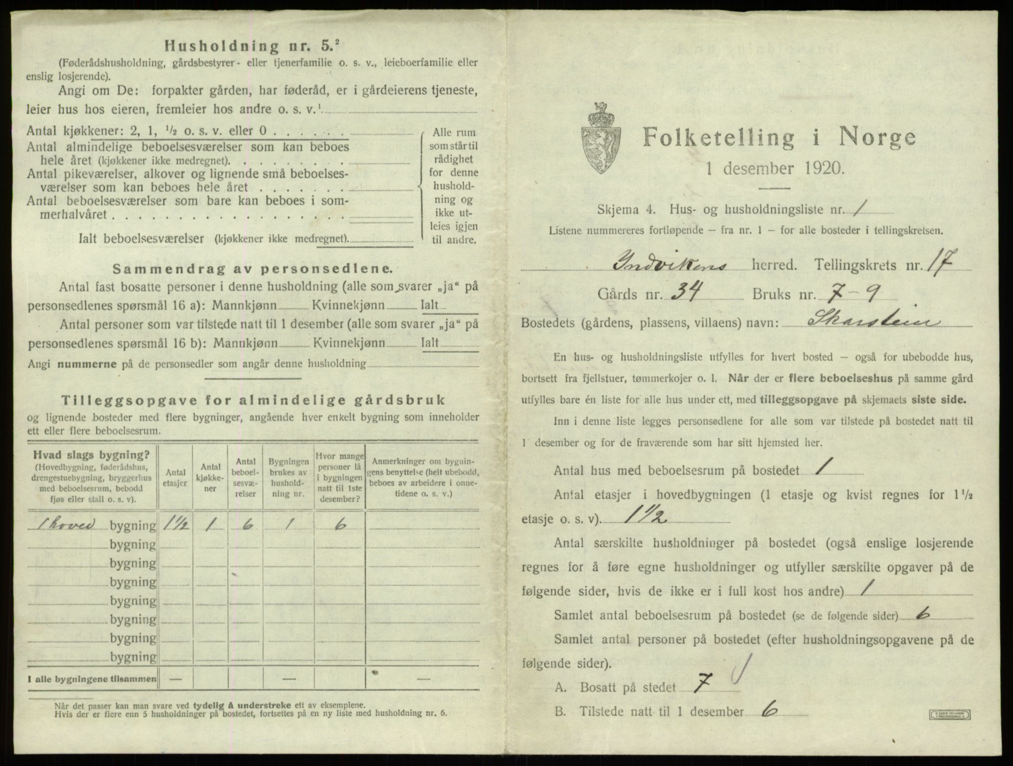 SAB, 1920 census for Innvik, 1920, p. 1009