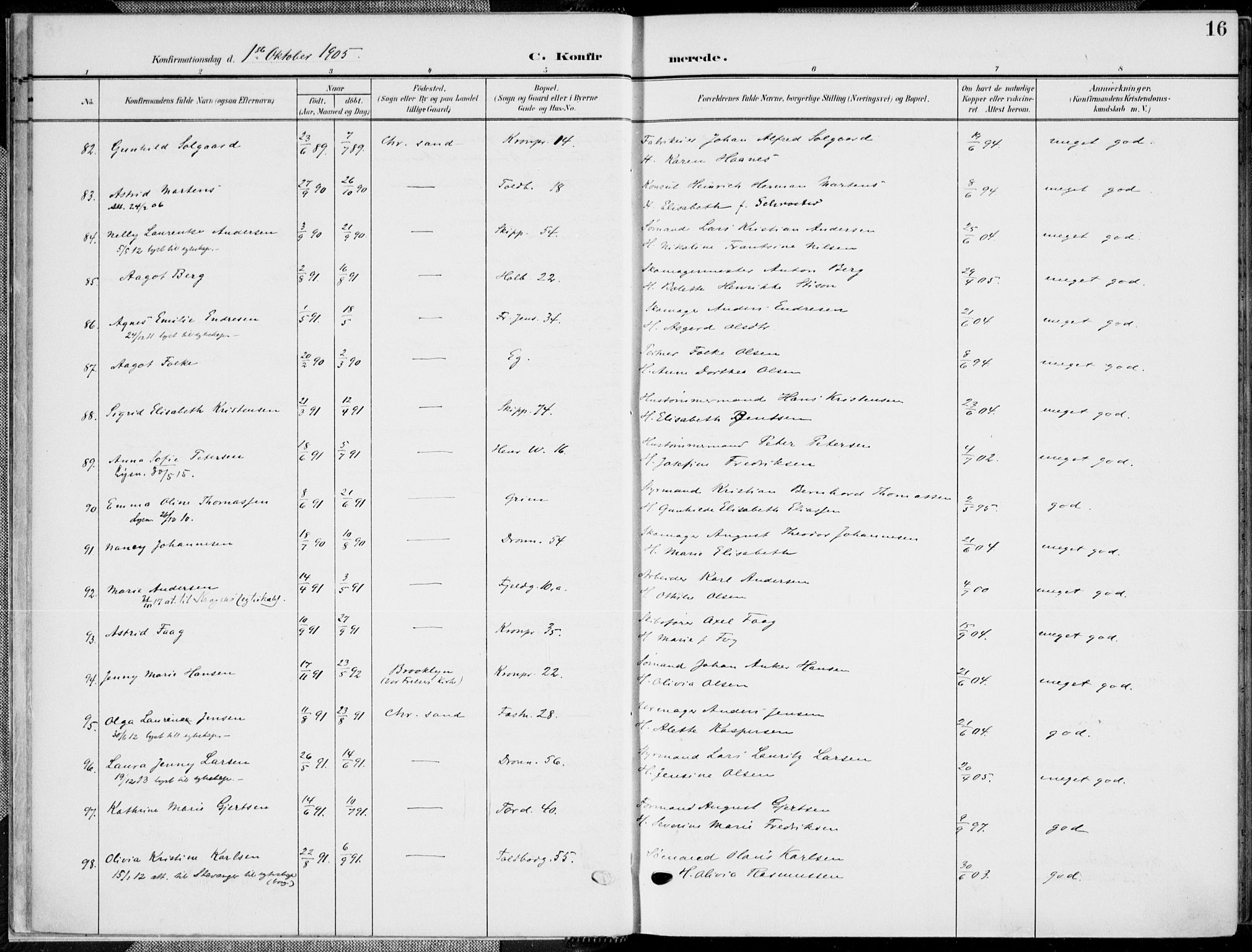 Kristiansand domprosti, AV/SAK-1112-0006/F/Fa/L0022: Parish register (official) no. A 21, 1905-1916, p. 16