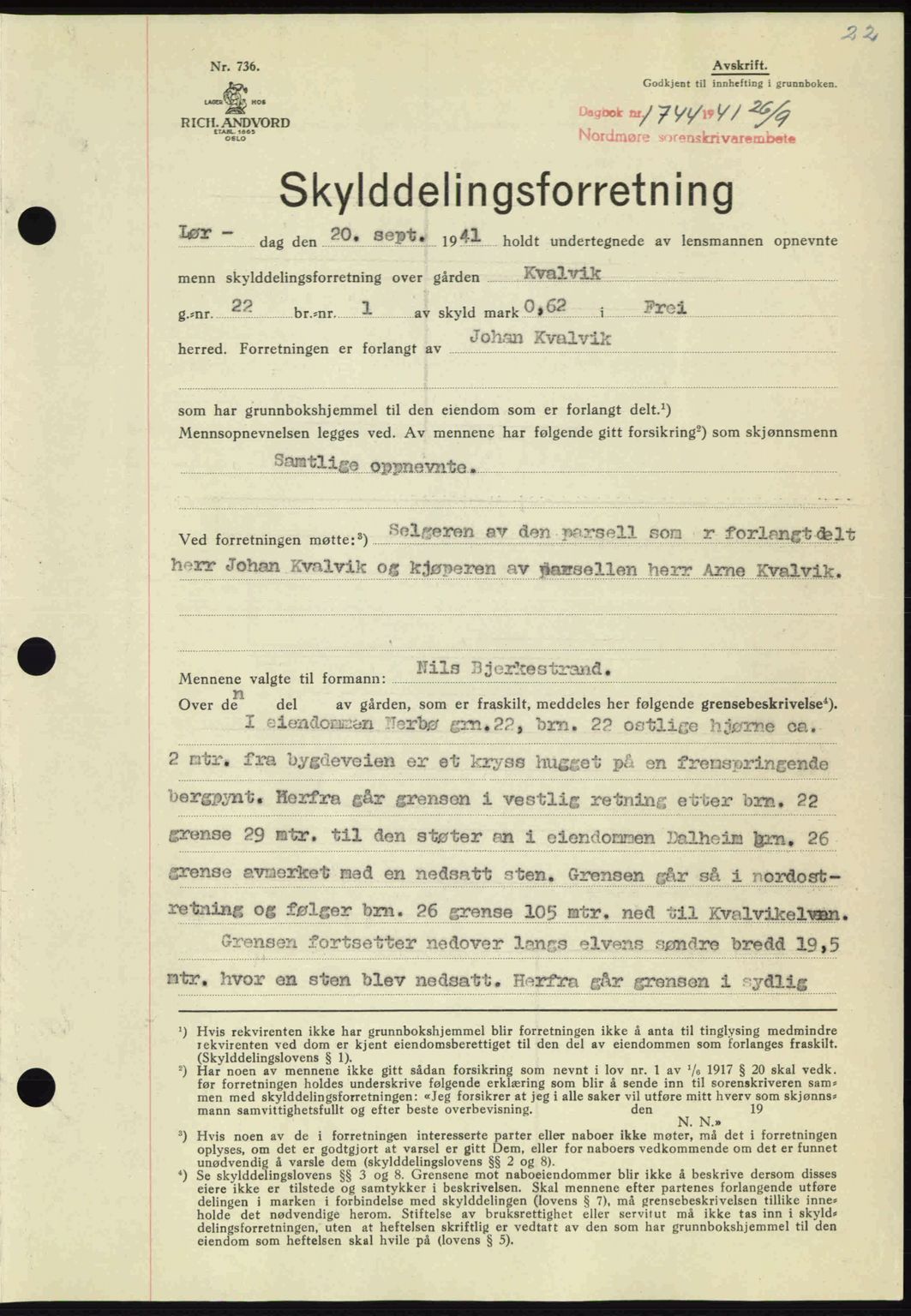 Nordmøre sorenskriveri, AV/SAT-A-4132/1/2/2Ca: Mortgage book no. A91, 1941-1942, Diary no: : 1744/1941