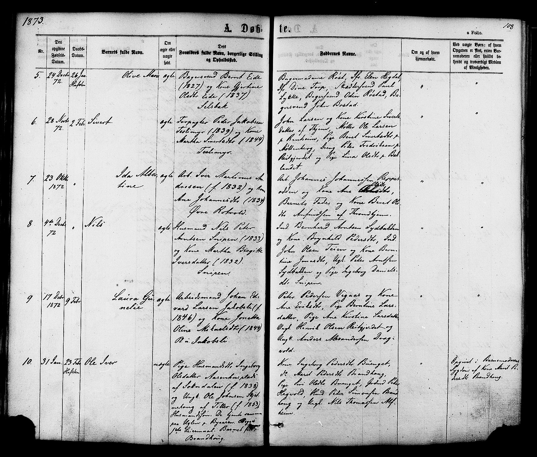 Ministerialprotokoller, klokkerbøker og fødselsregistre - Sør-Trøndelag, SAT/A-1456/606/L0293: Parish register (official) no. 606A08, 1866-1877, p. 108