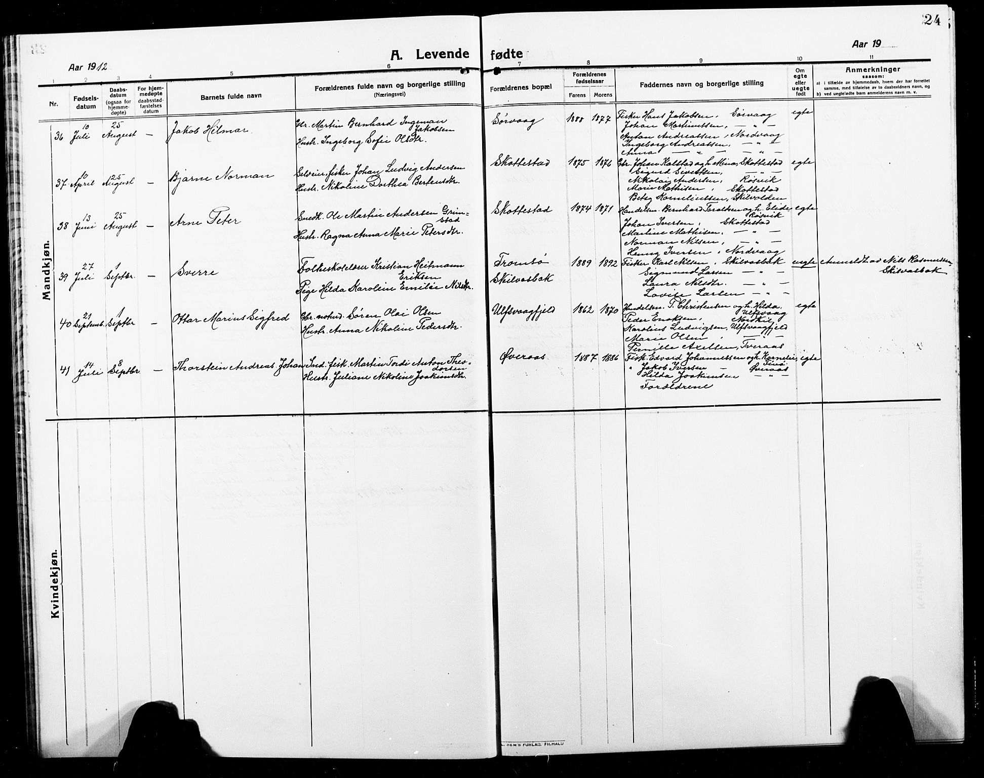 Ministerialprotokoller, klokkerbøker og fødselsregistre - Nordland, AV/SAT-A-1459/859/L0861: Parish register (copy) no. 859C07, 1910-1925, p. 24