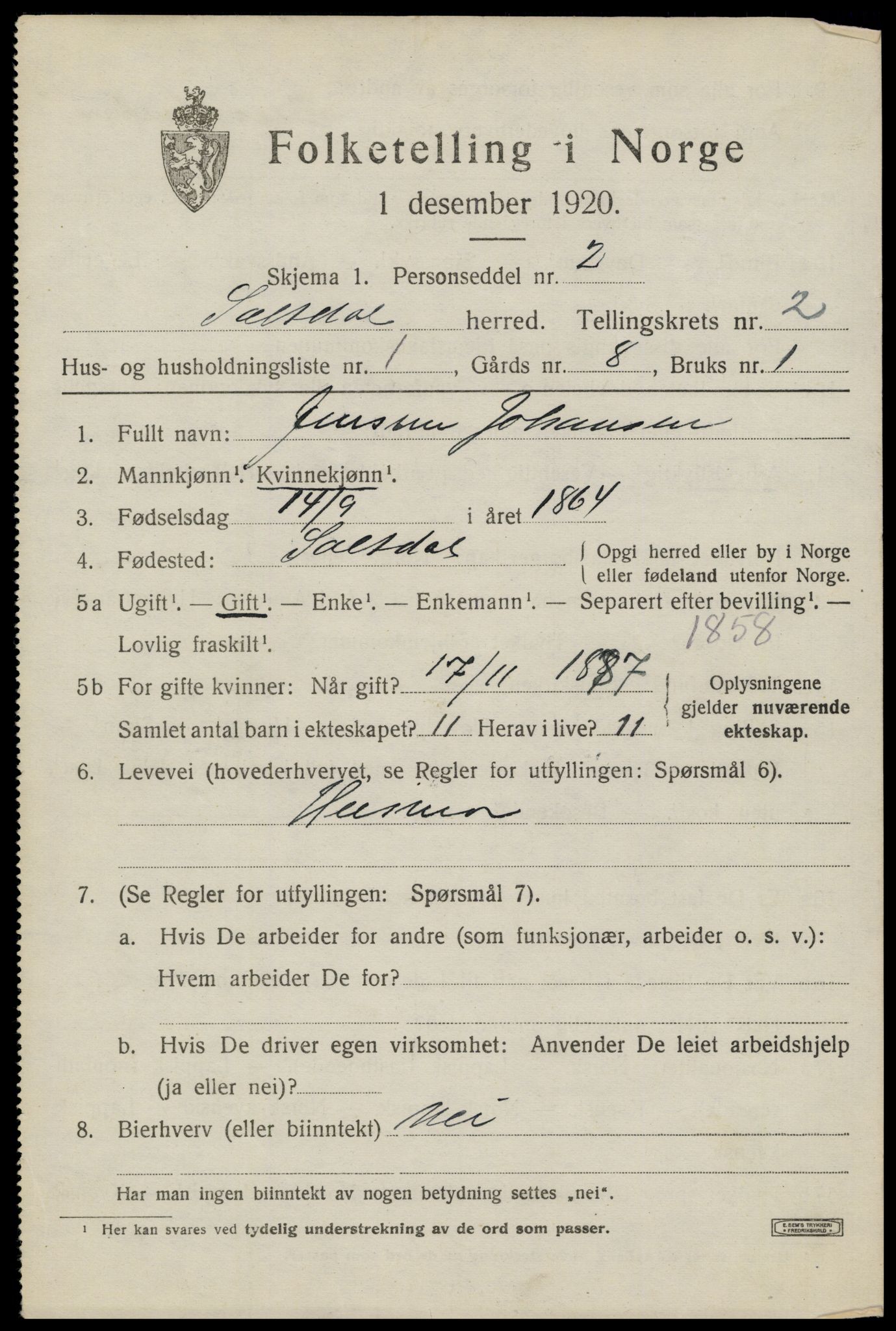 SAT, 1920 census for Saltdal, 1920, p. 2843