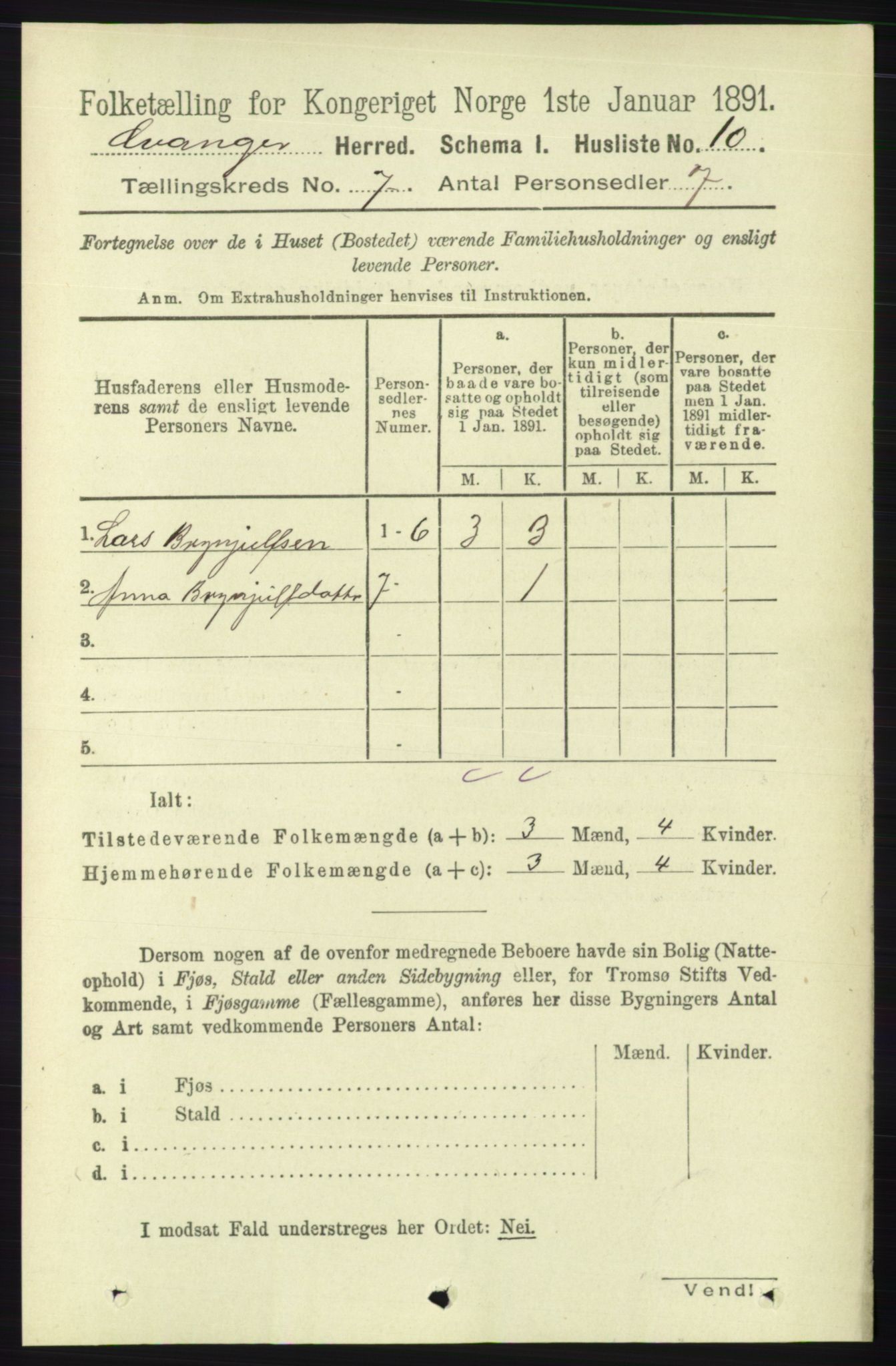 RA, 1891 census for 1237 Evanger, 1891, p. 1820