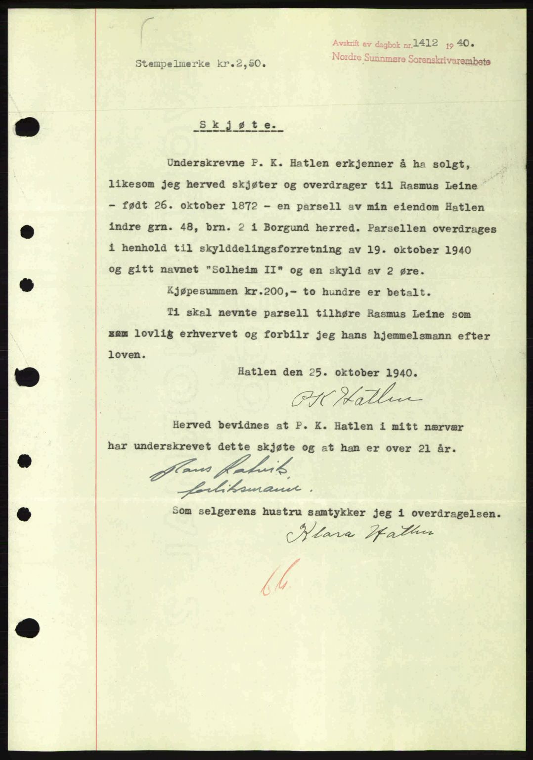 Nordre Sunnmøre sorenskriveri, AV/SAT-A-0006/1/2/2C/2Ca: Mortgage book no. A9, 1940-1940, Diary no: : 1412/1940