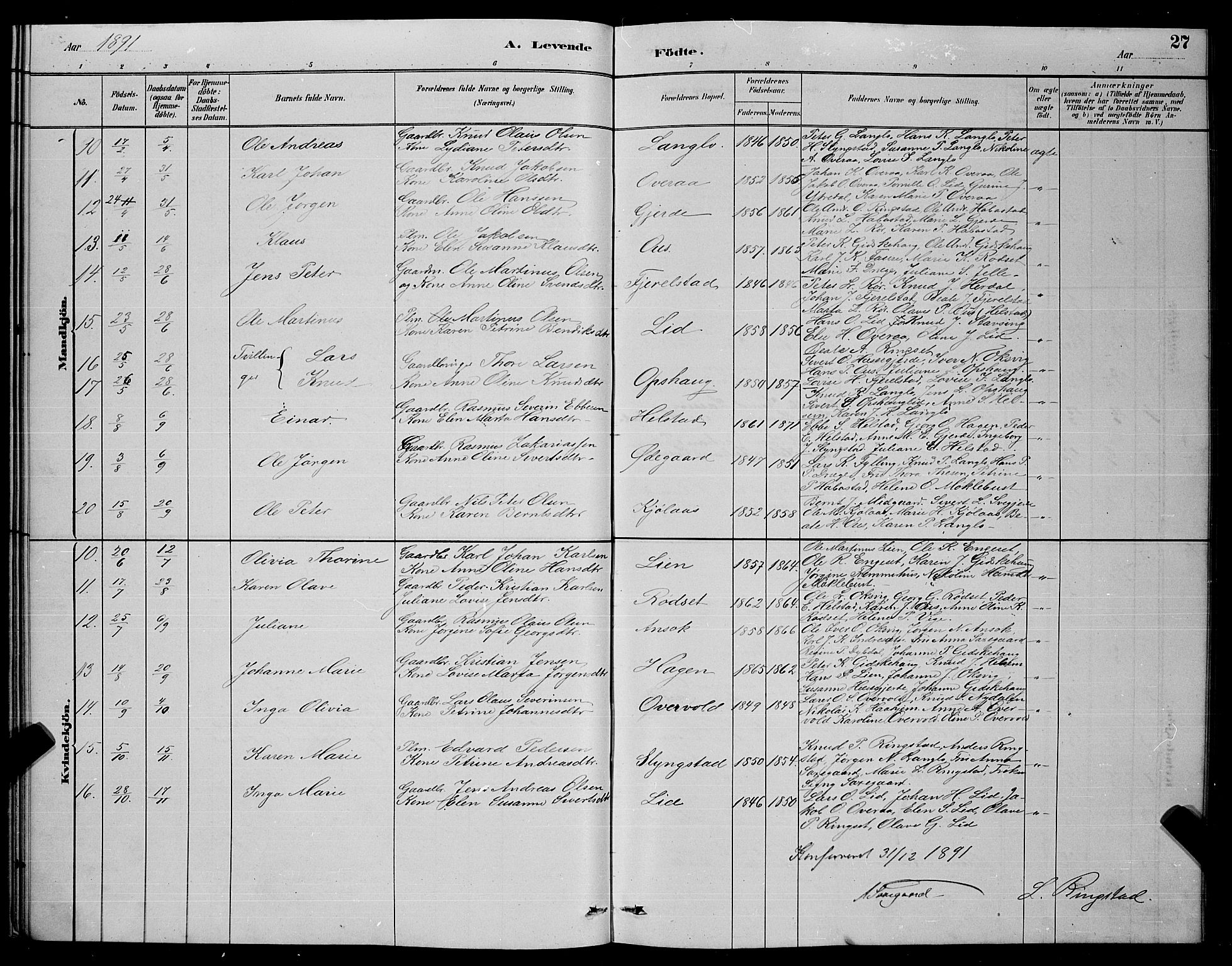 Ministerialprotokoller, klokkerbøker og fødselsregistre - Møre og Romsdal, SAT/A-1454/520/L0292: Parish register (copy) no. 520C04, 1882-1901, p. 27