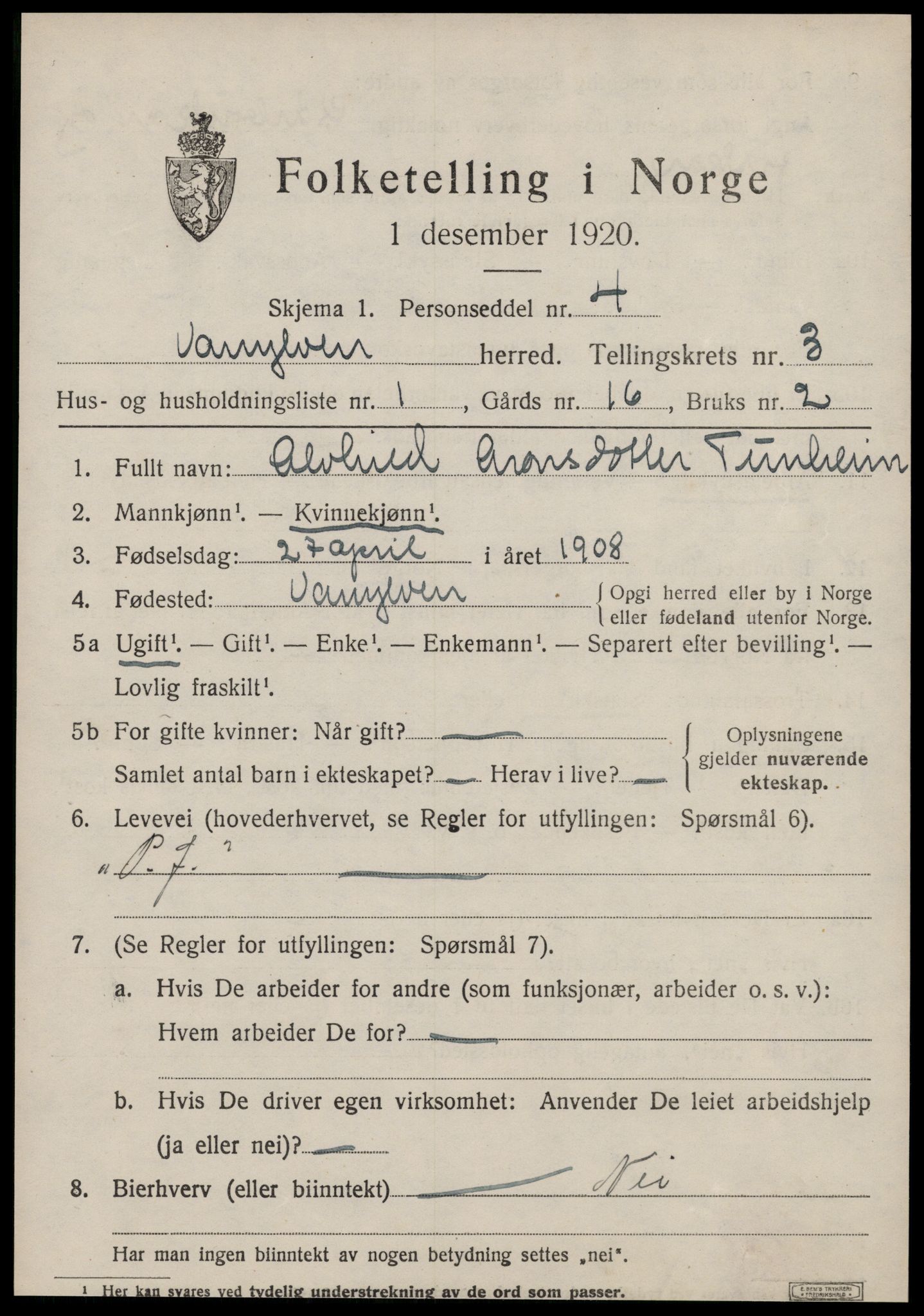 SAT, 1920 census for Vanylven, 1920, p. 1835