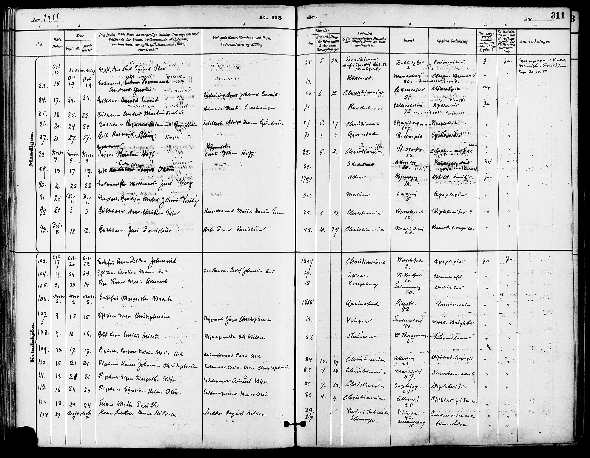 Gamle Aker prestekontor Kirkebøker, AV/SAO-A-10617a/F/L0008: Parish register (official) no. 8, 1887-1896, p. 311