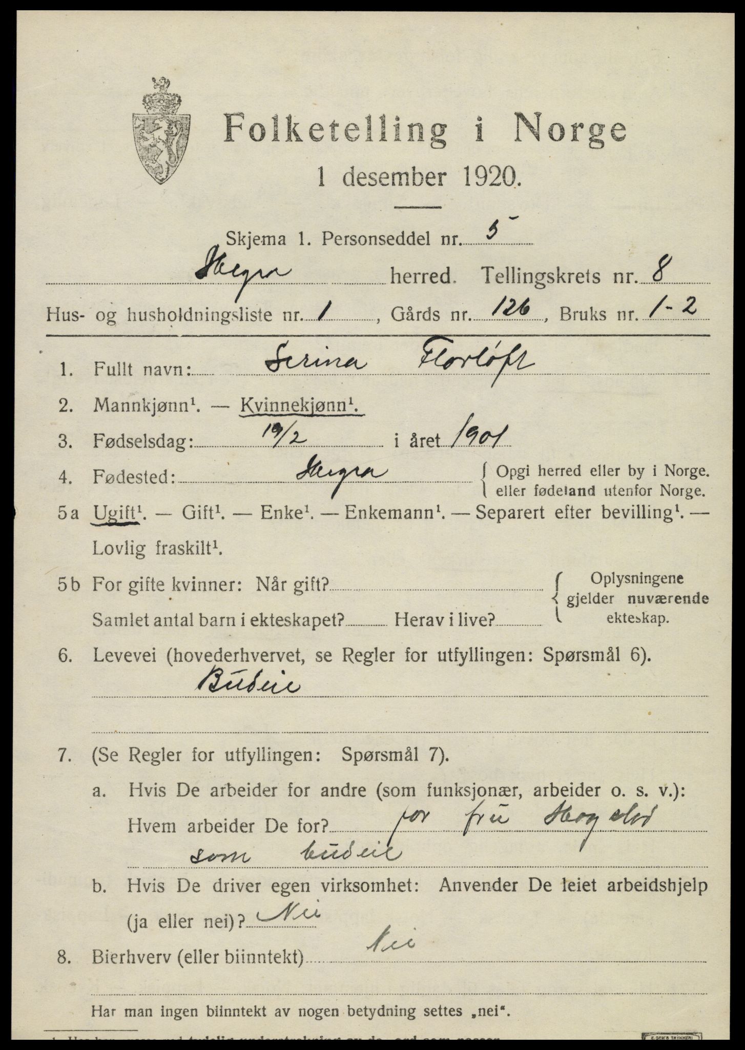 SAT, 1920 census for Hegra, 1920, p. 5592