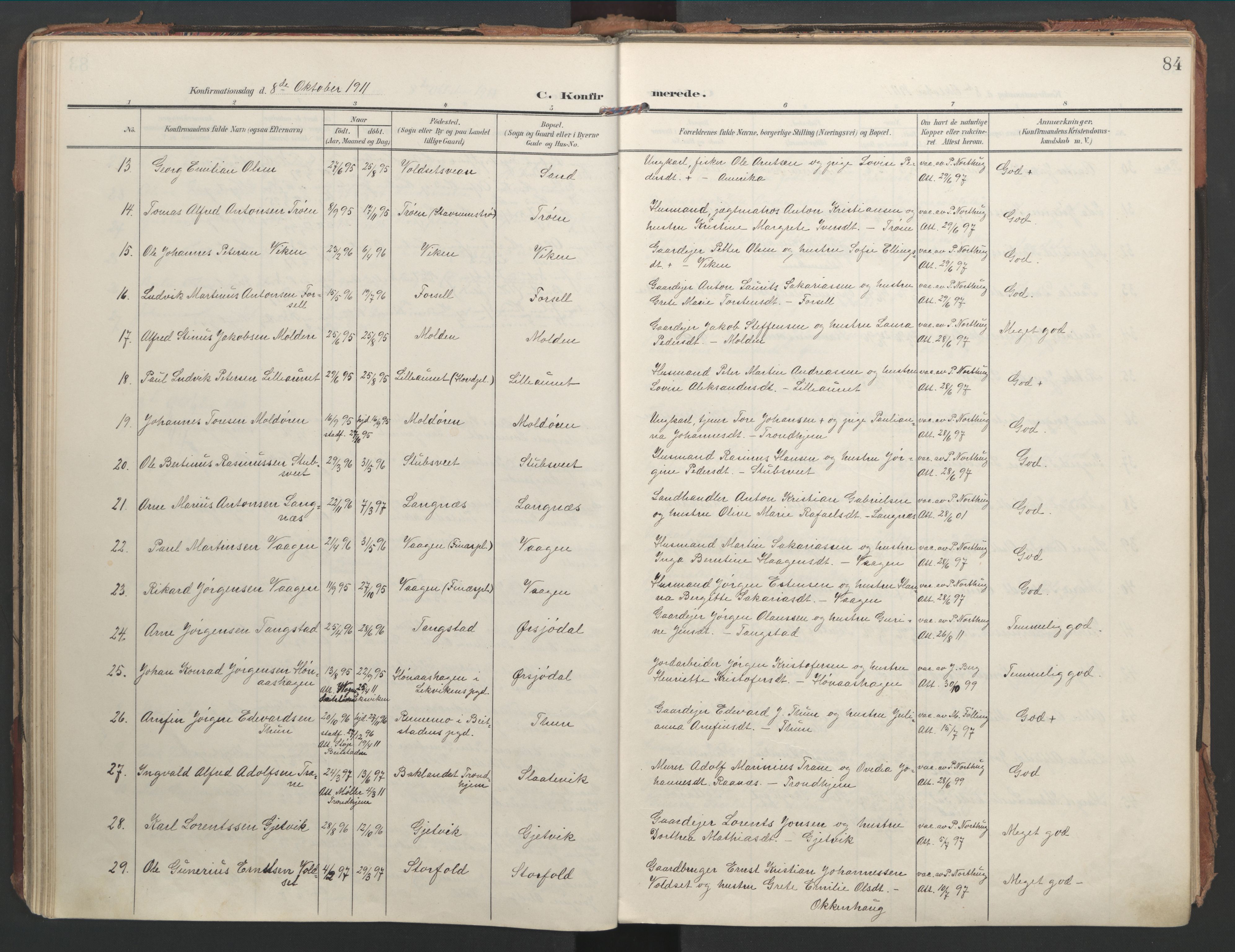 Ministerialprotokoller, klokkerbøker og fødselsregistre - Nord-Trøndelag, SAT/A-1458/744/L0421: Parish register (official) no. 744A05, 1905-1930, p. 84