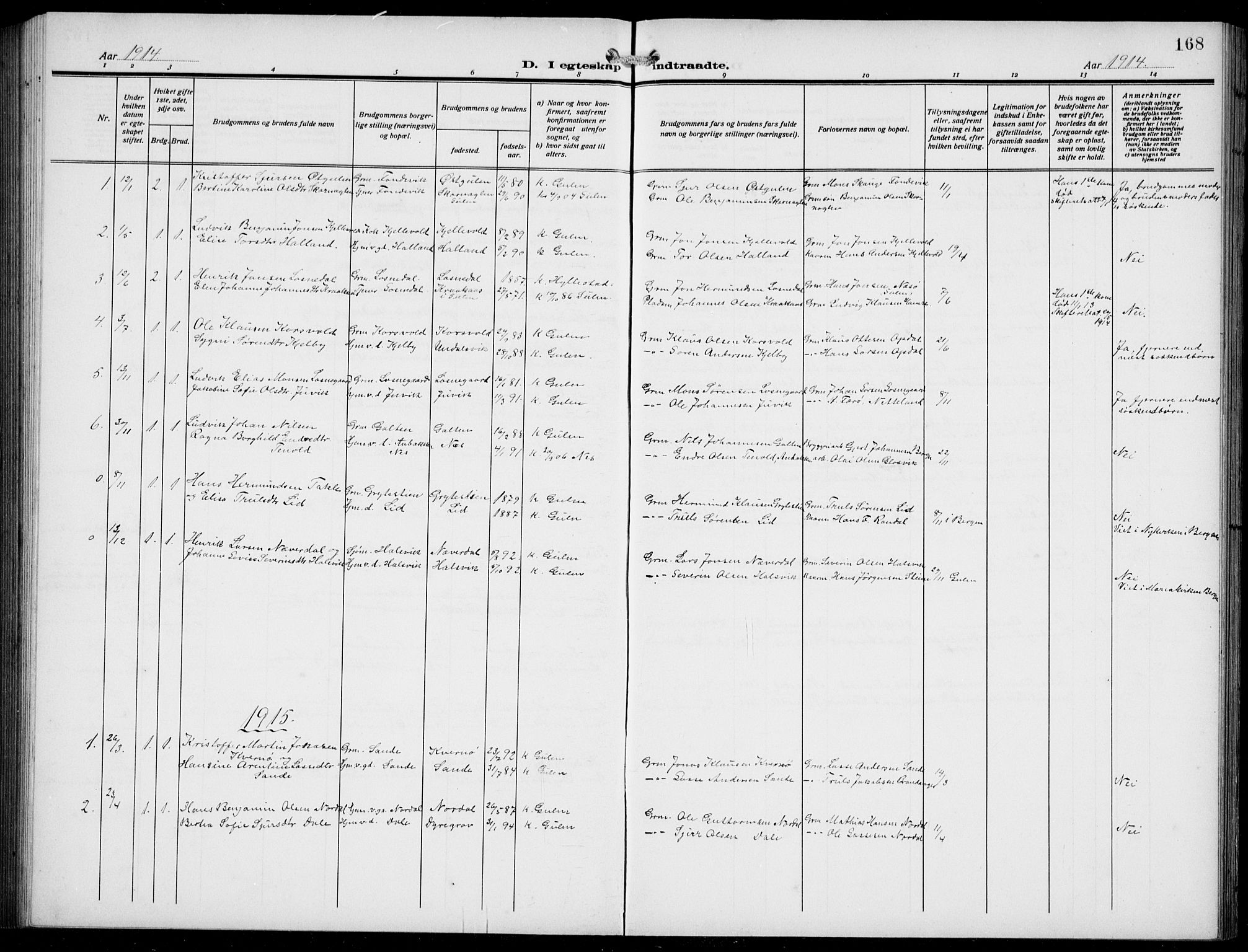 Gulen sokneprestembete, AV/SAB-A-80201/H/Hab/Habb/L0004: Parish register (copy) no. B 4, 1908-1936, p. 168