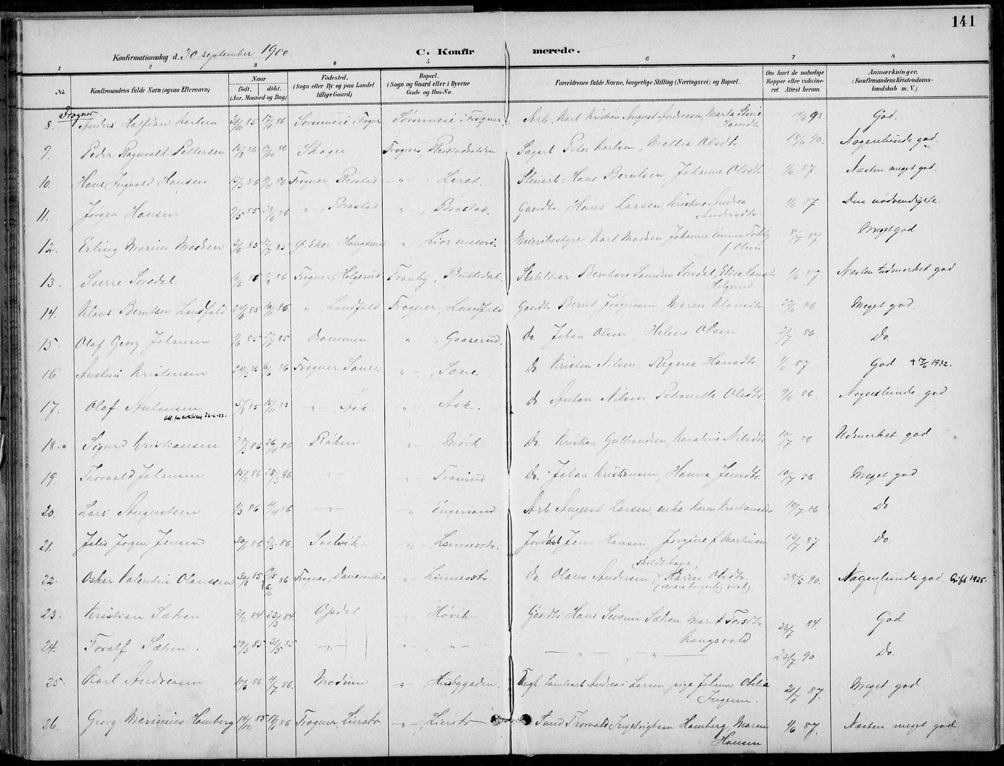 Lier kirkebøker, AV/SAKO-A-230/F/Fa/L0016: Parish register (official) no. I 16, 1895-1900, p. 141