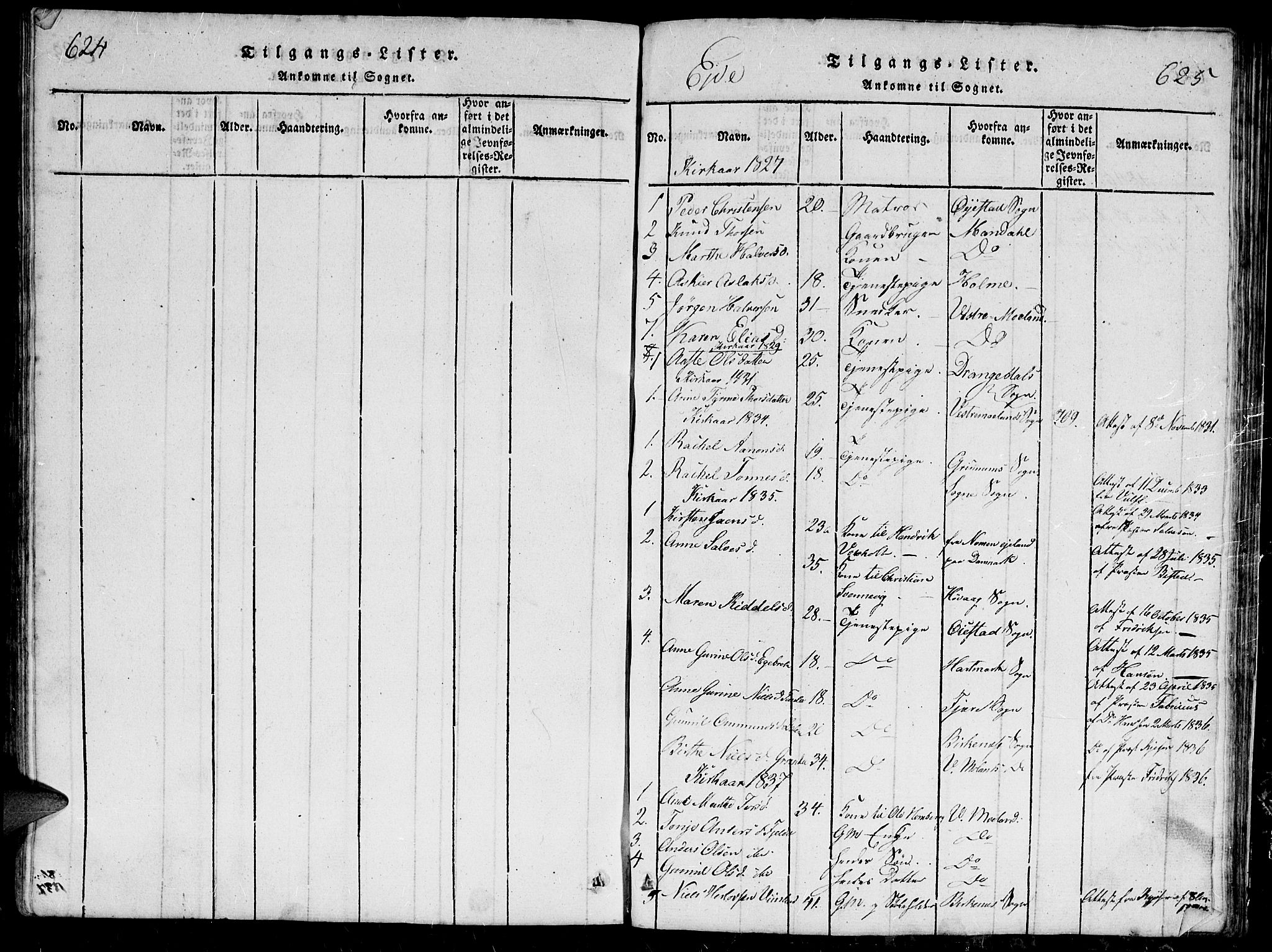 Hommedal sokneprestkontor, SAK/1111-0023/F/Fb/Fbb/L0003: Parish register (copy) no. B 3 /2, 1816-1850, p. 624-625