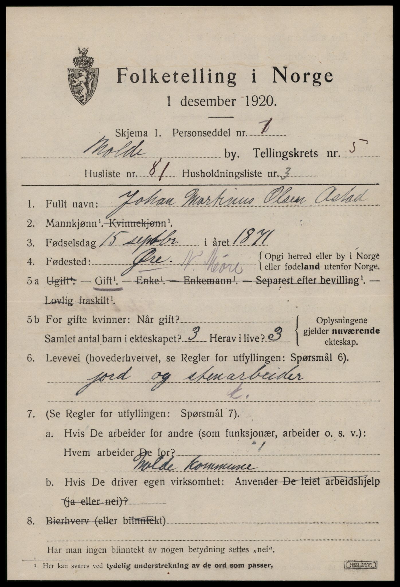 SAT, 1920 census for Molde, 1920, p. 8143