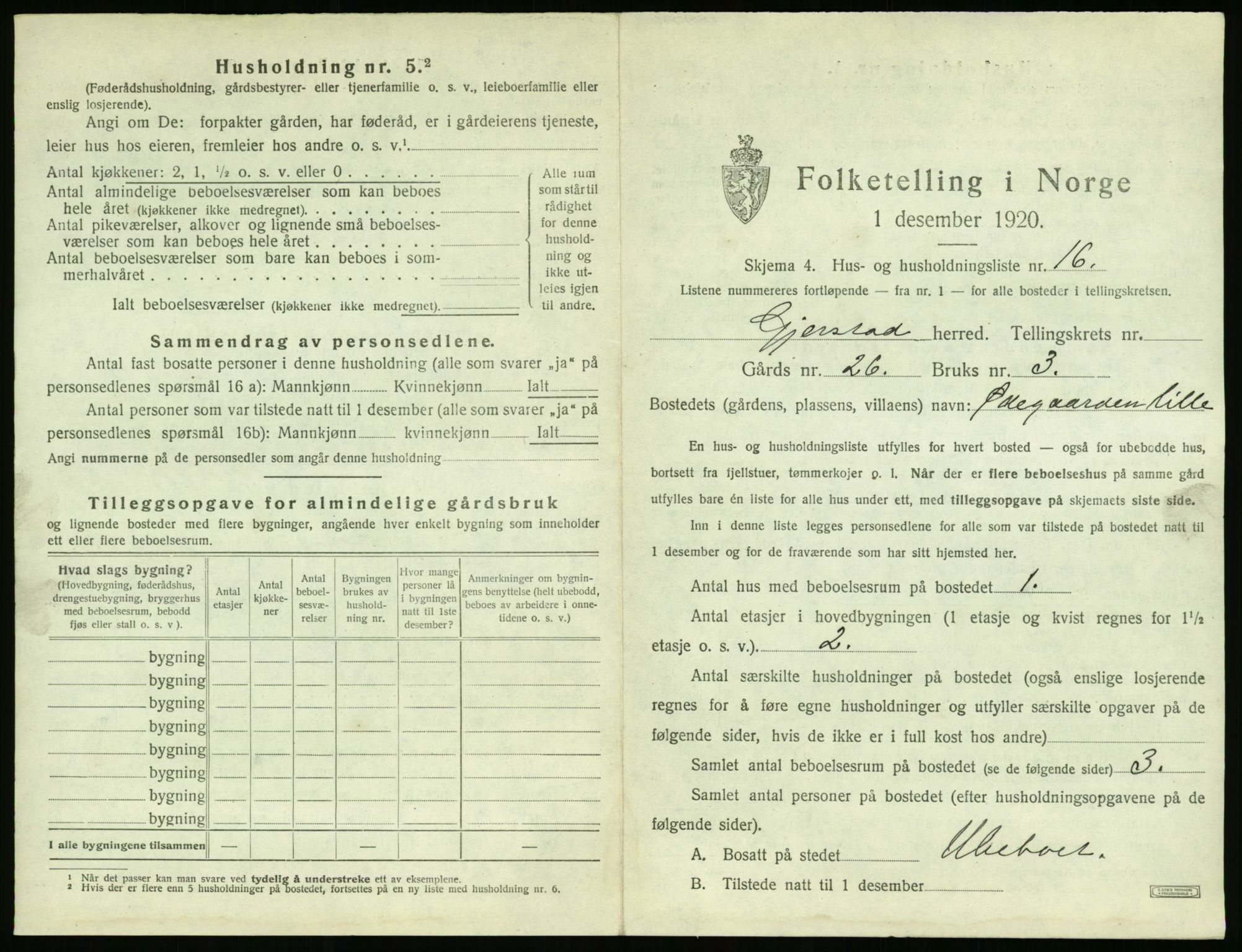 SAK, 1920 census for Gjerstad, 1920, p. 925