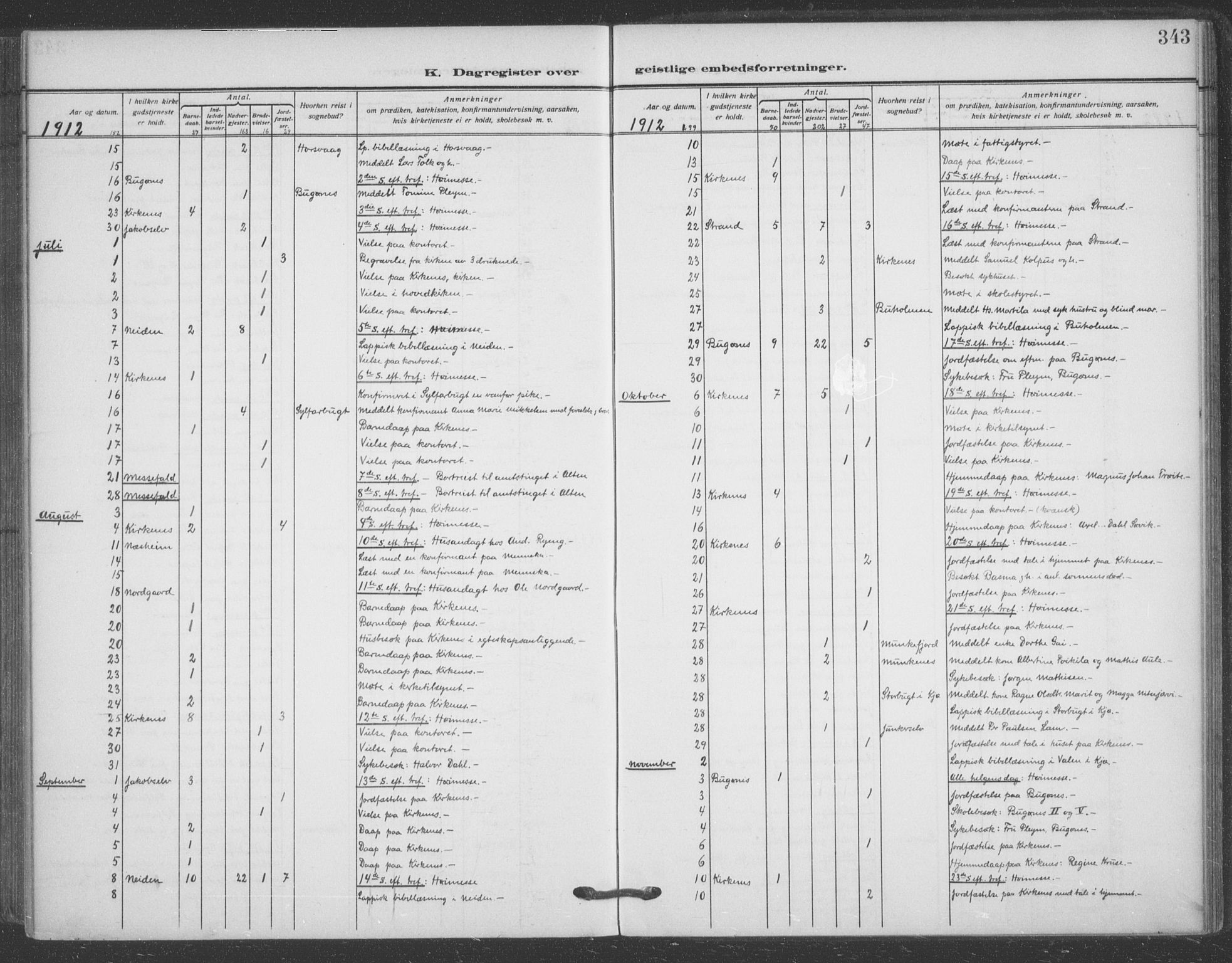 Sør-Varanger sokneprestkontor, AV/SATØ-S-1331/H/Ha/L0005kirke: Parish register (official) no. 5, 1909-1919, p. 343