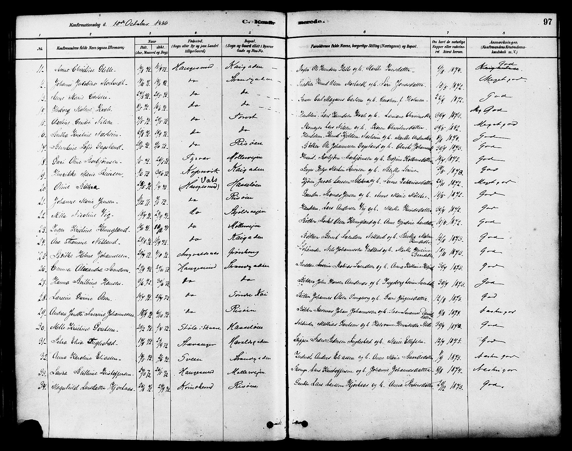 Haugesund sokneprestkontor, AV/SAST-A -101863/H/Ha/Haa/L0003: Parish register (official) no. A 3, 1885-1890, p. 97