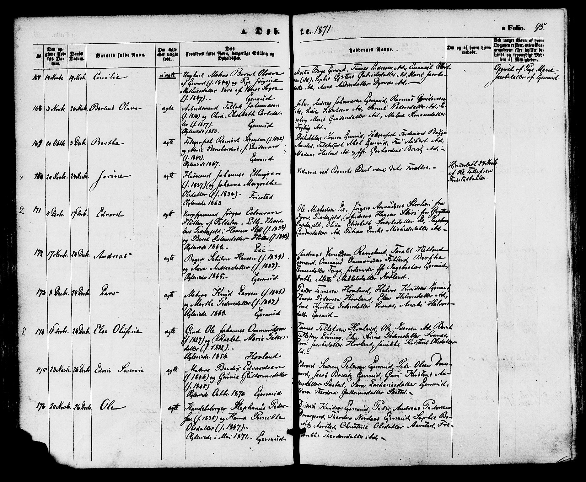 Eigersund sokneprestkontor, AV/SAST-A-101807/S08/L0014: Parish register (official) no. A 13, 1866-1878, p. 95