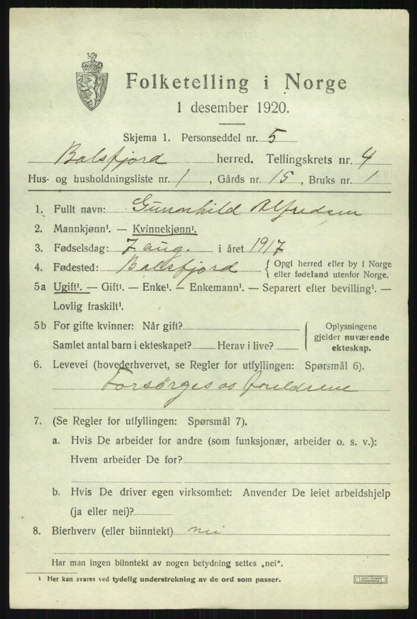 SATØ, 1920 census for Balsfjord, 1920, p. 2707