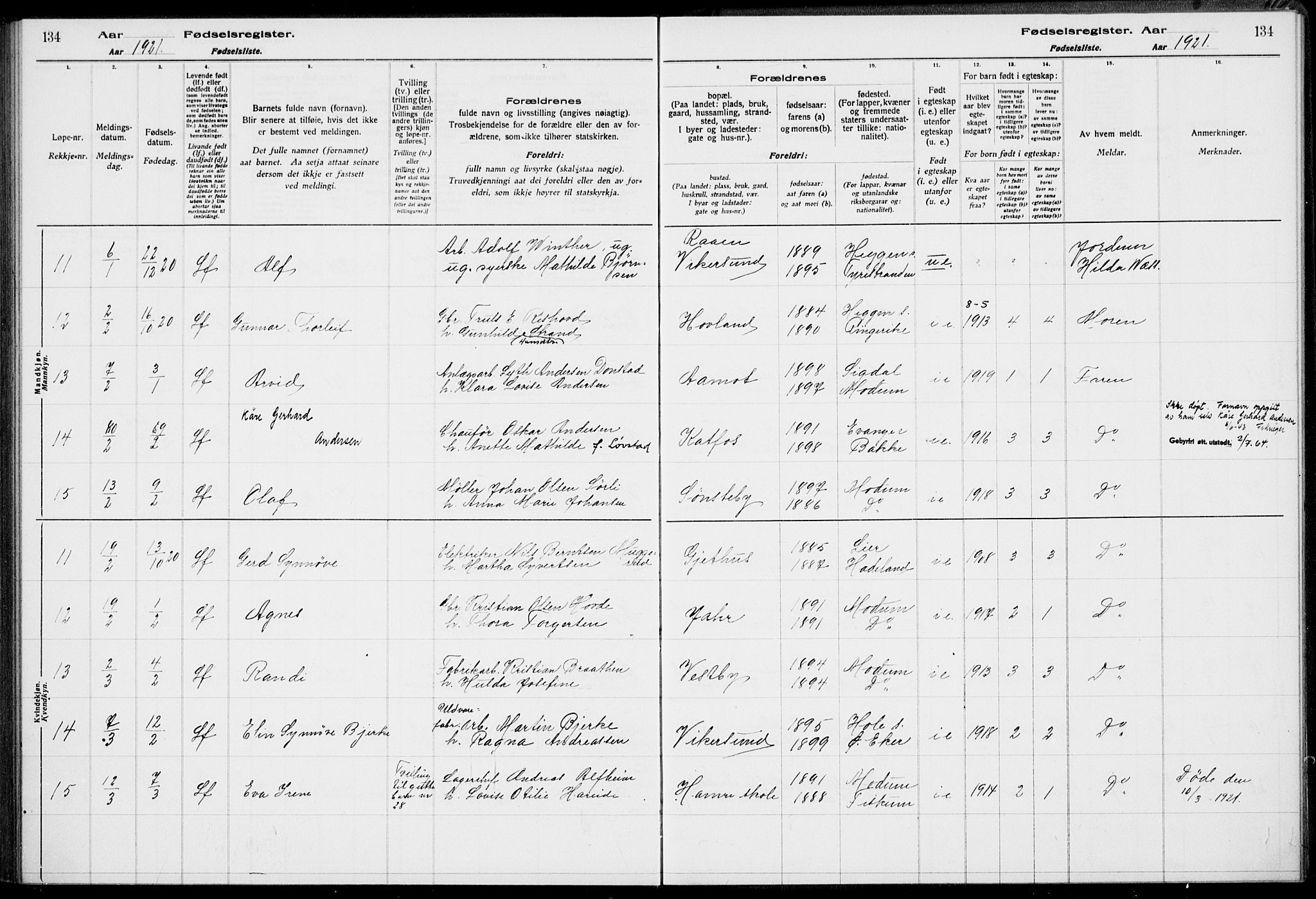 Modum kirkebøker, AV/SAKO-A-234/J/Ja/L0001: Birth register no. I 1, 1916-1923, p. 134