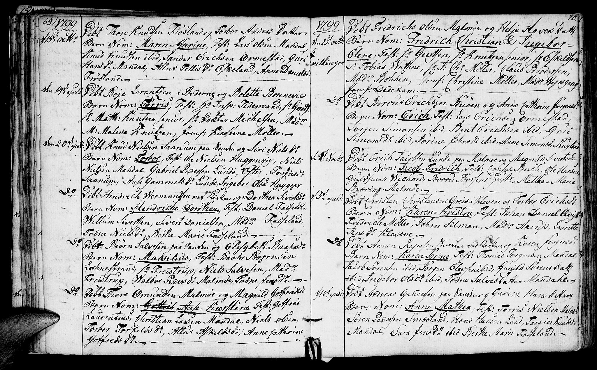 Mandal sokneprestkontor, SAK/1111-0030/F/Fa/Faa/L0008: Parish register (official) no. A 8, 1794-1817, p. 69-70