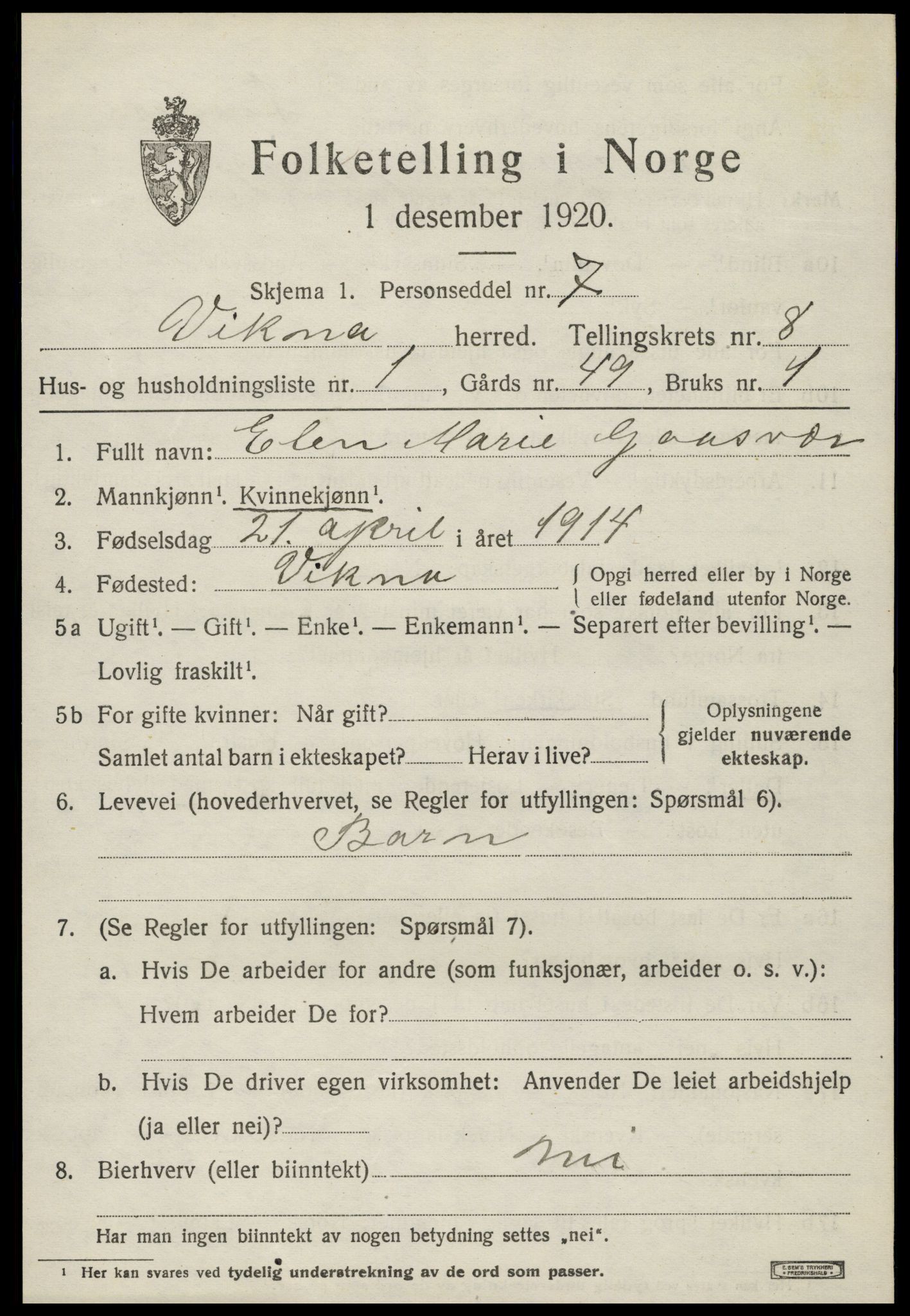 SAT, 1920 census for Vikna, 1920, p. 5999