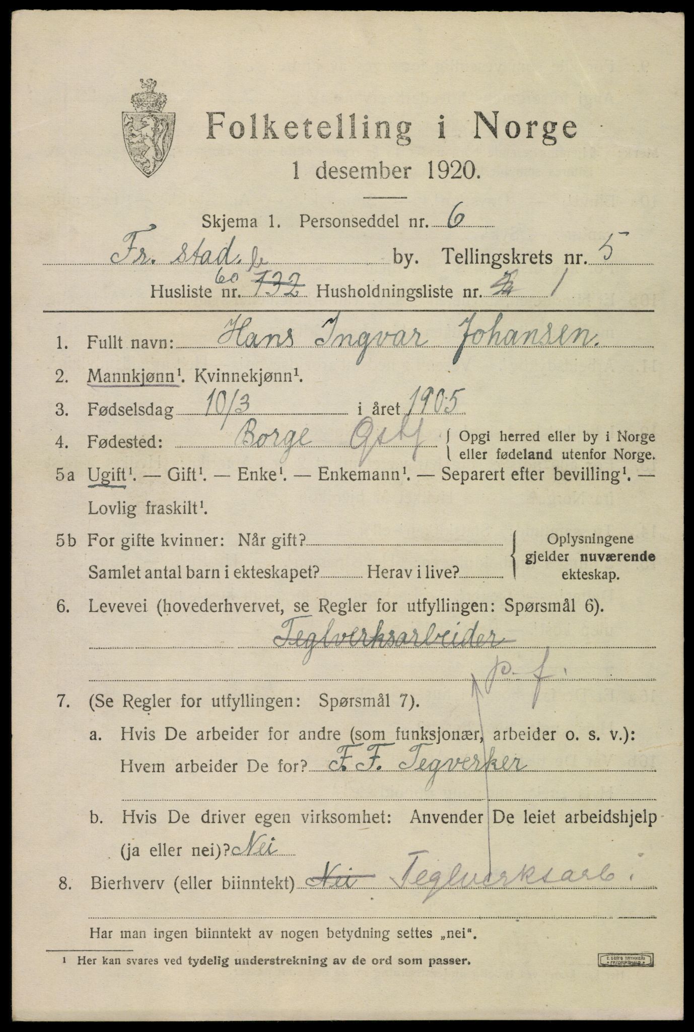 SAO, 1920 census for Fredrikstad, 1920, p. 19629