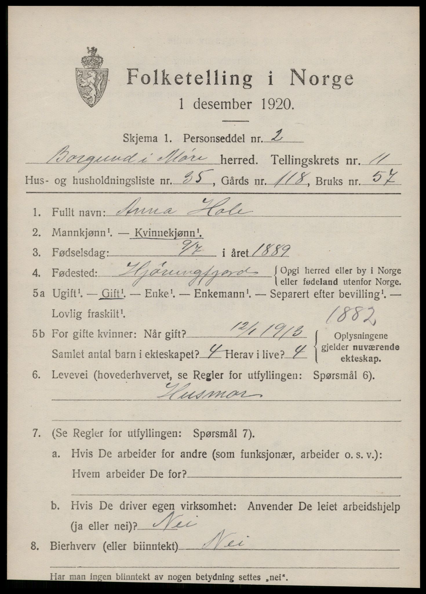 SAT, 1920 census for Borgund, 1920, p. 10318