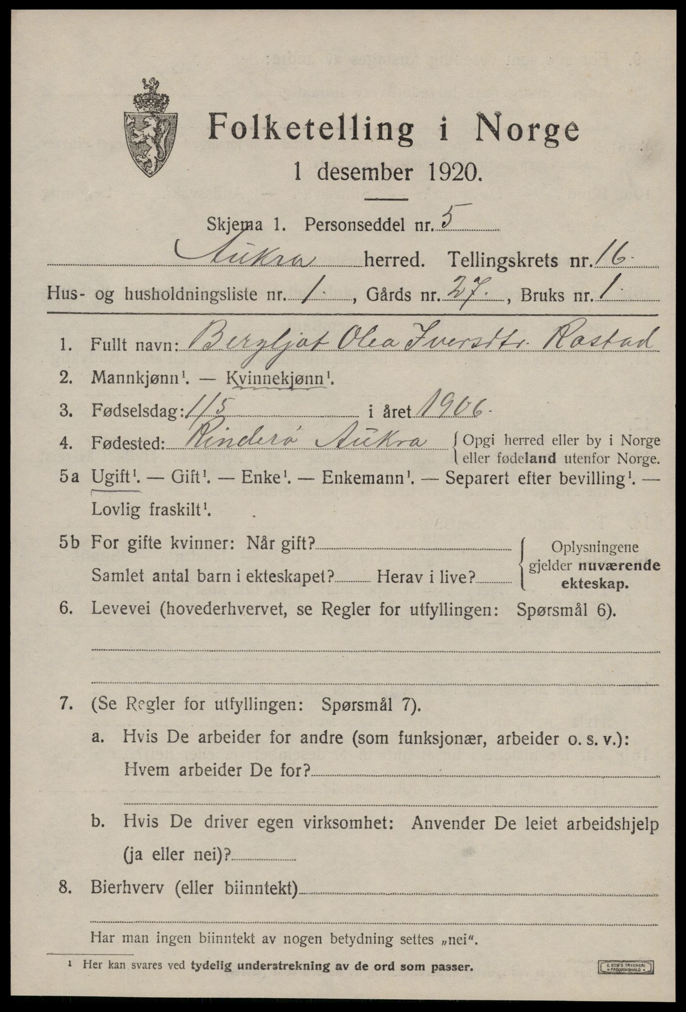 SAT, 1920 census for Aukra, 1920, p. 6941