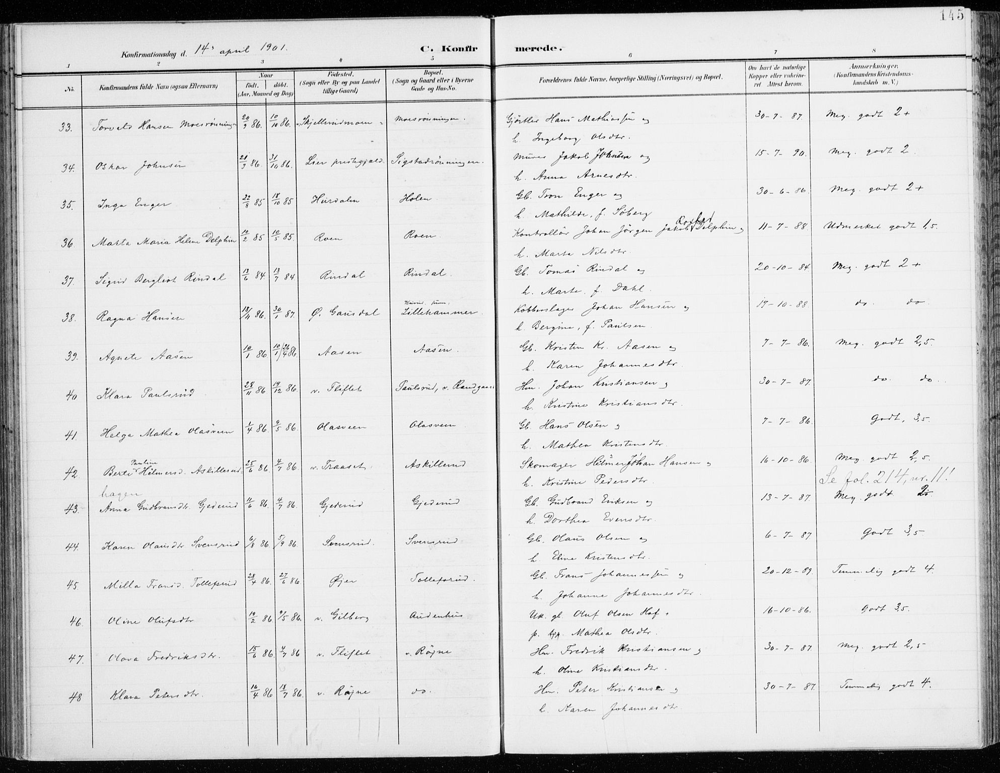 Fåberg prestekontor, AV/SAH-PREST-086/H/Ha/Haa/L0011: Parish register (official) no. 11, 1899-1913, p. 145