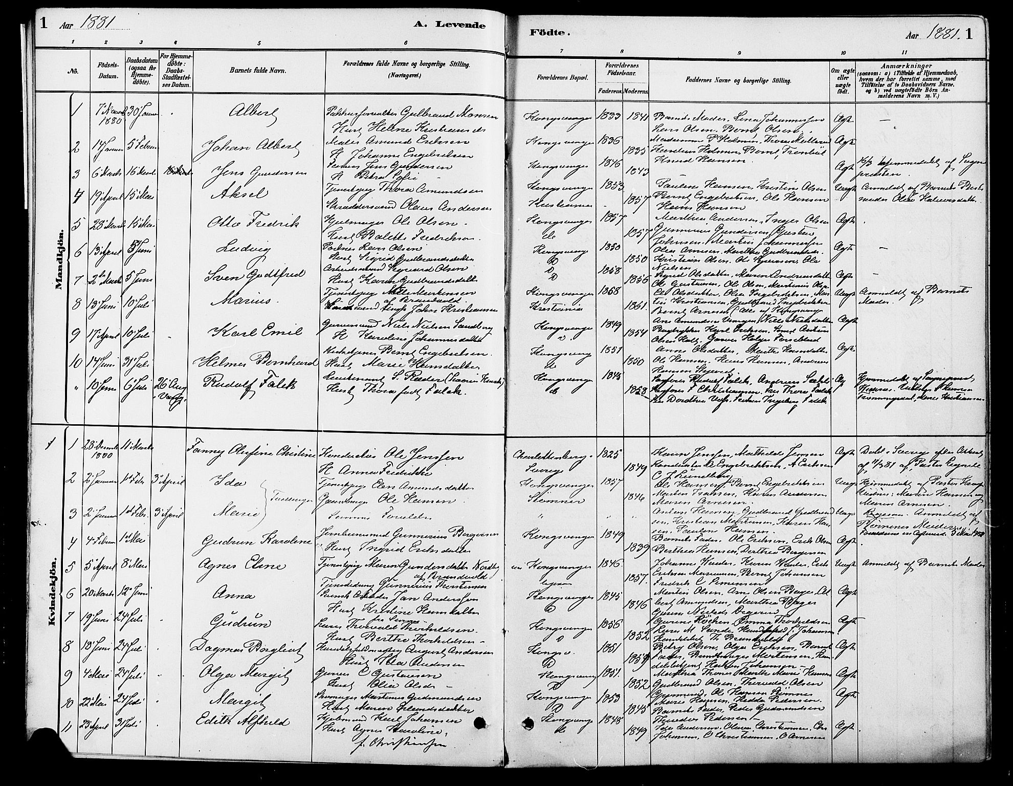 Vinger prestekontor, AV/SAH-PREST-024/H/Ha/Haa/L0013: Parish register (official) no. 13, 1881-1897, p. 1