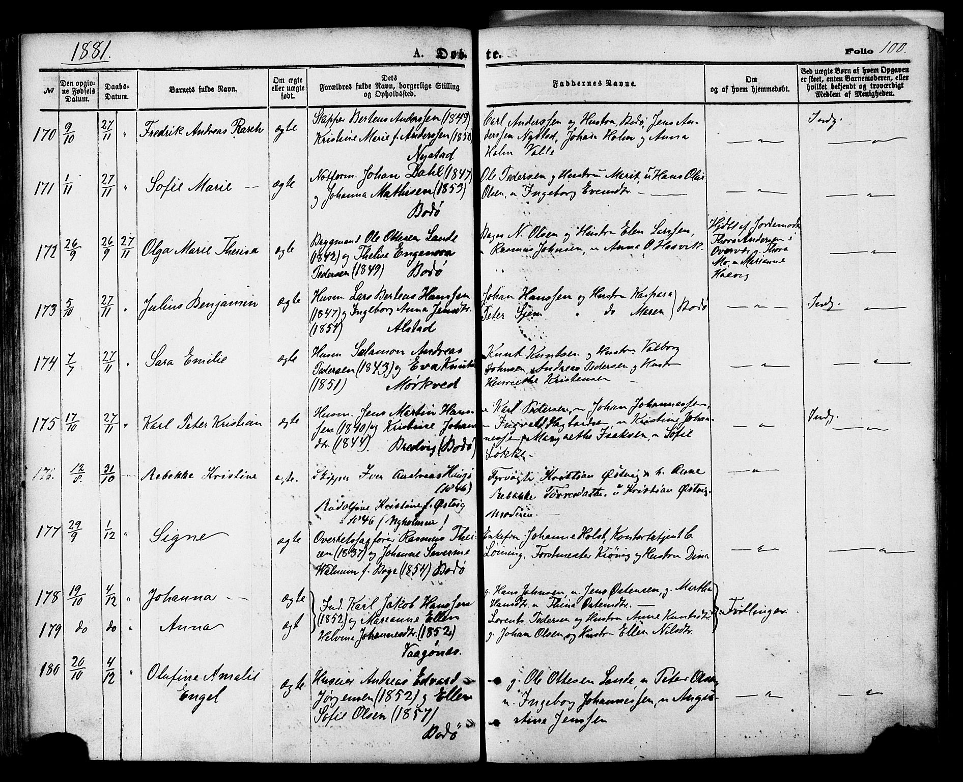 Ministerialprotokoller, klokkerbøker og fødselsregistre - Nordland, AV/SAT-A-1459/801/L0009: Parish register (official) no. 801A09, 1876-1883, p. 100