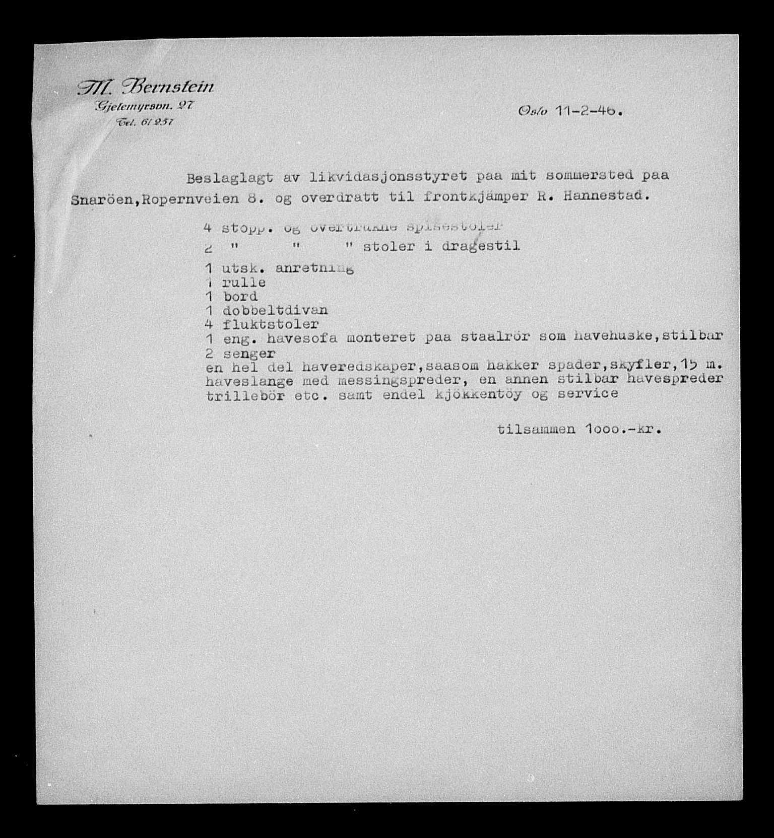 Justisdepartementet, Tilbakeføringskontoret for inndratte formuer, AV/RA-S-1564/H/Hc/Hcc/L0923: --, 1945-1947, p. 85