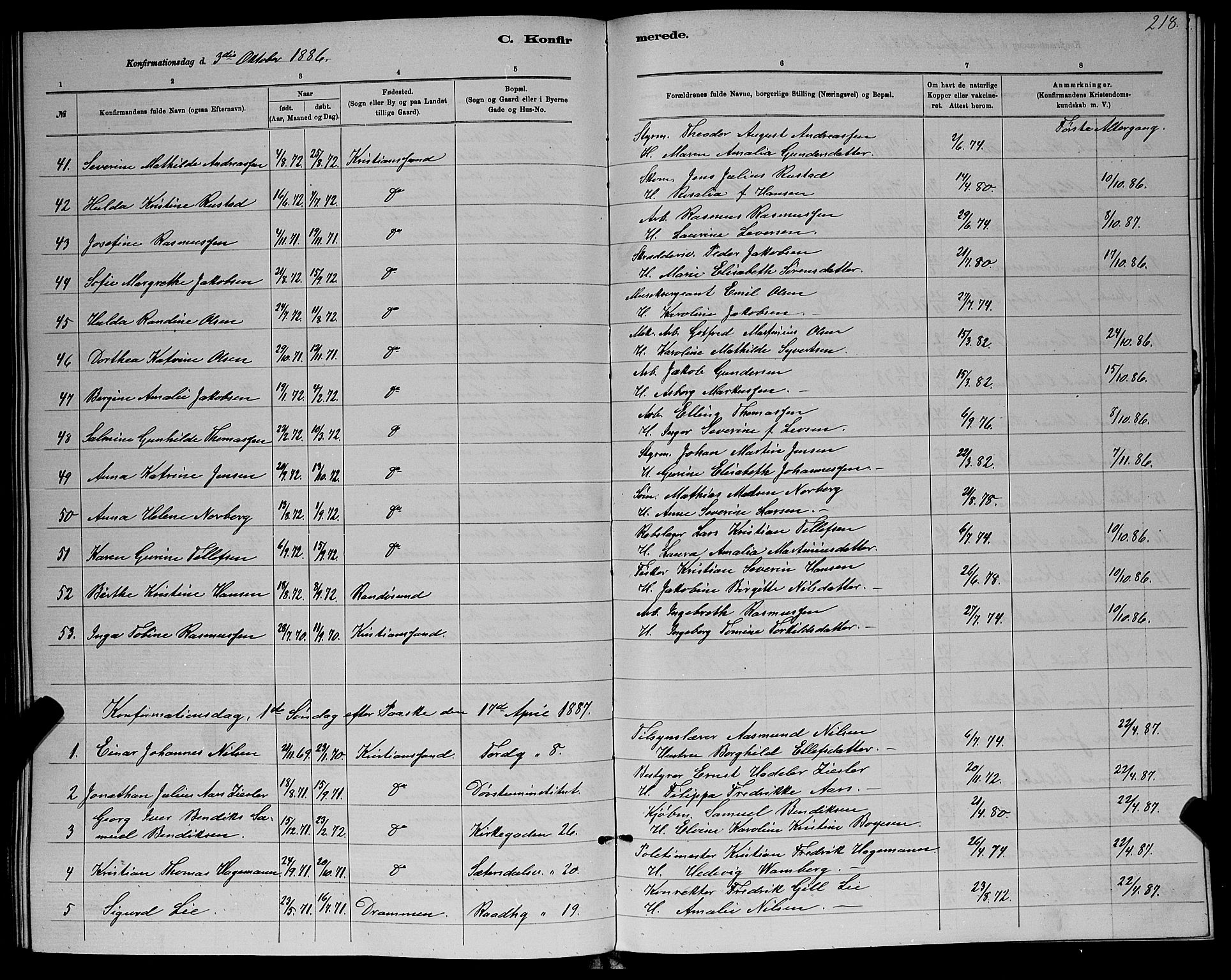 Kristiansand domprosti, AV/SAK-1112-0006/F/Fb/L0016: Parish register (copy) no. B 16, 1881-1893, p. 218