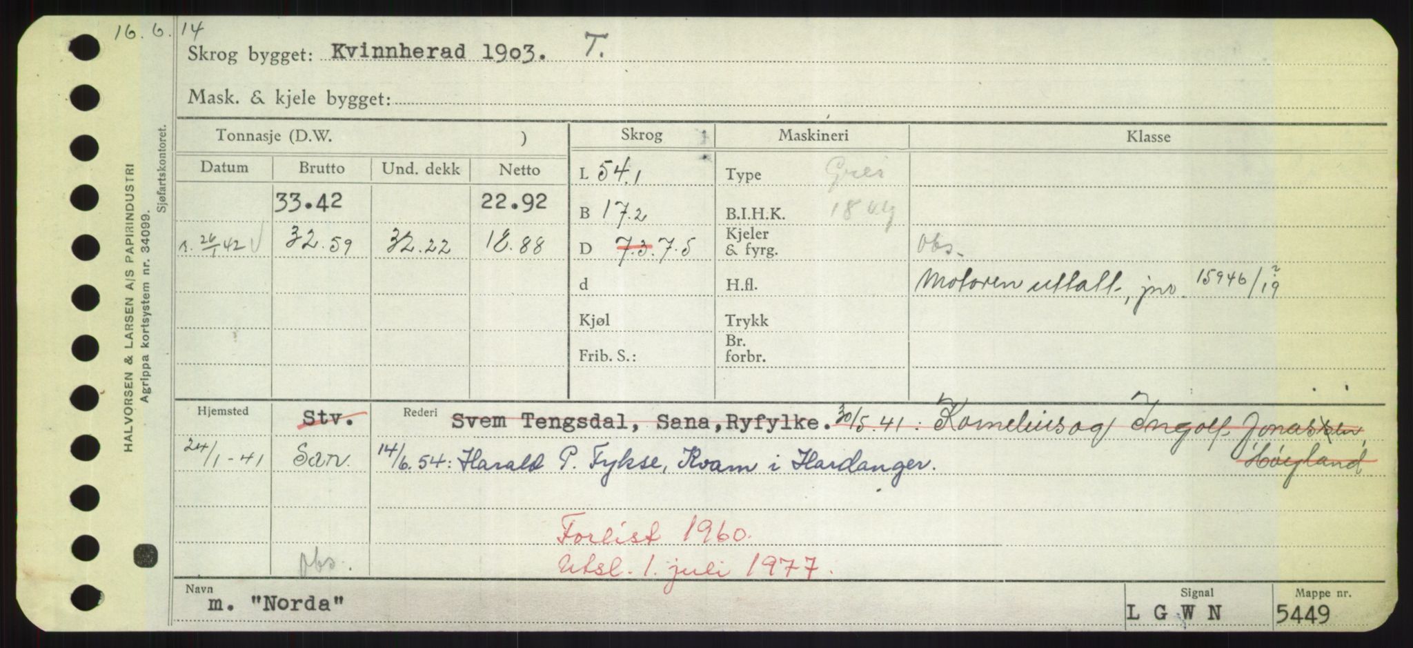 Sjøfartsdirektoratet med forløpere, Skipsmålingen, RA/S-1627/H/Hd/L0026: Fartøy, N-Norhol, p. 419