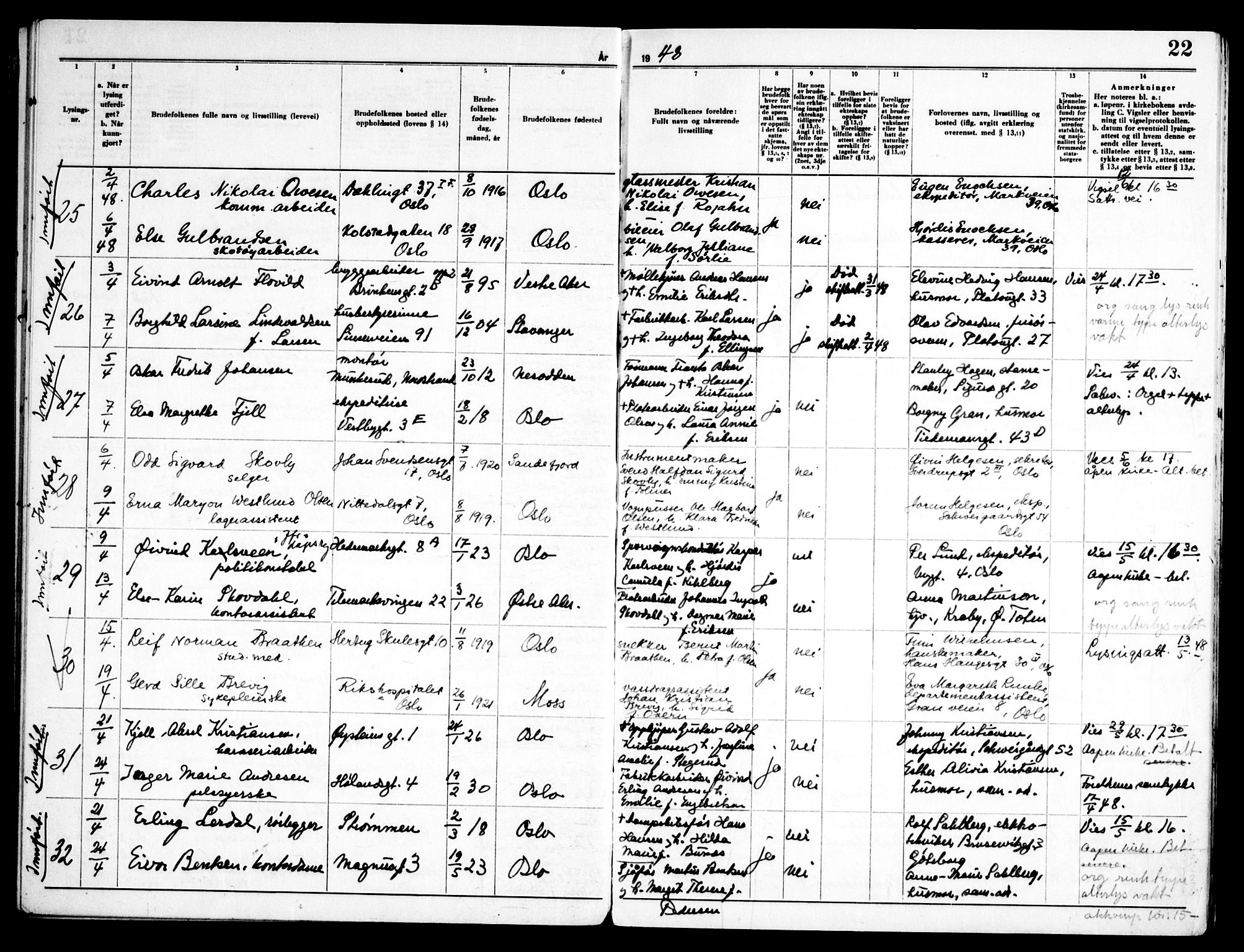 Kampen prestekontor Kirkebøker, AV/SAO-A-10853/H/Ha/L0008: Banns register no. 8, 1946-1956, p. 22