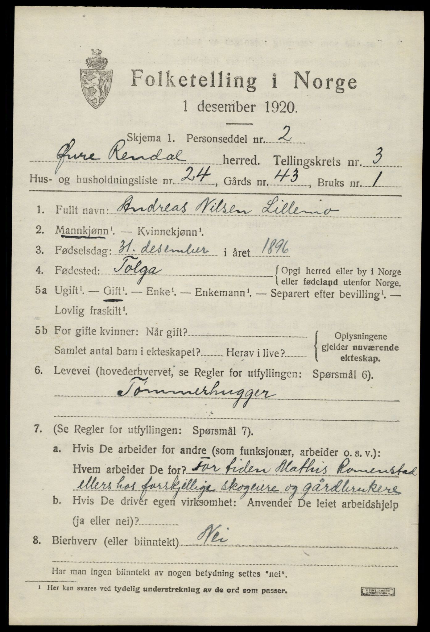 SAH, 1920 census for Øvre Rendal, 1920, p. 1577