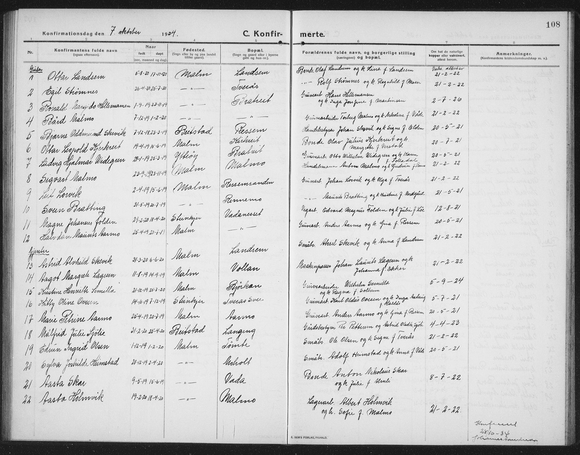 Ministerialprotokoller, klokkerbøker og fødselsregistre - Nord-Trøndelag, SAT/A-1458/745/L0434: Parish register (copy) no. 745C03, 1914-1937, p. 108
