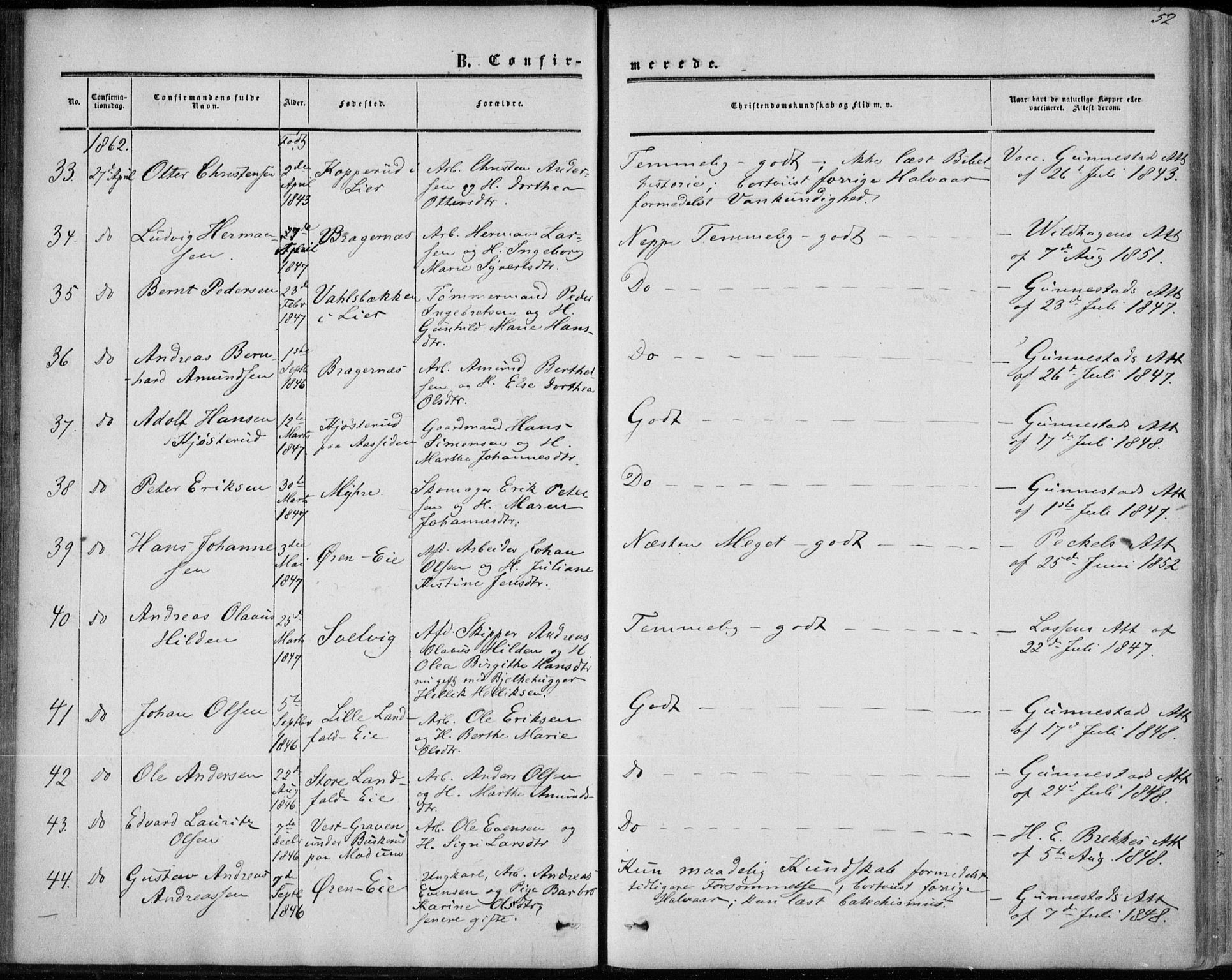 Bragernes kirkebøker, AV/SAKO-A-6/F/Fc/L0002: Parish register (official) no. III 2, 1854-1865, p. 52