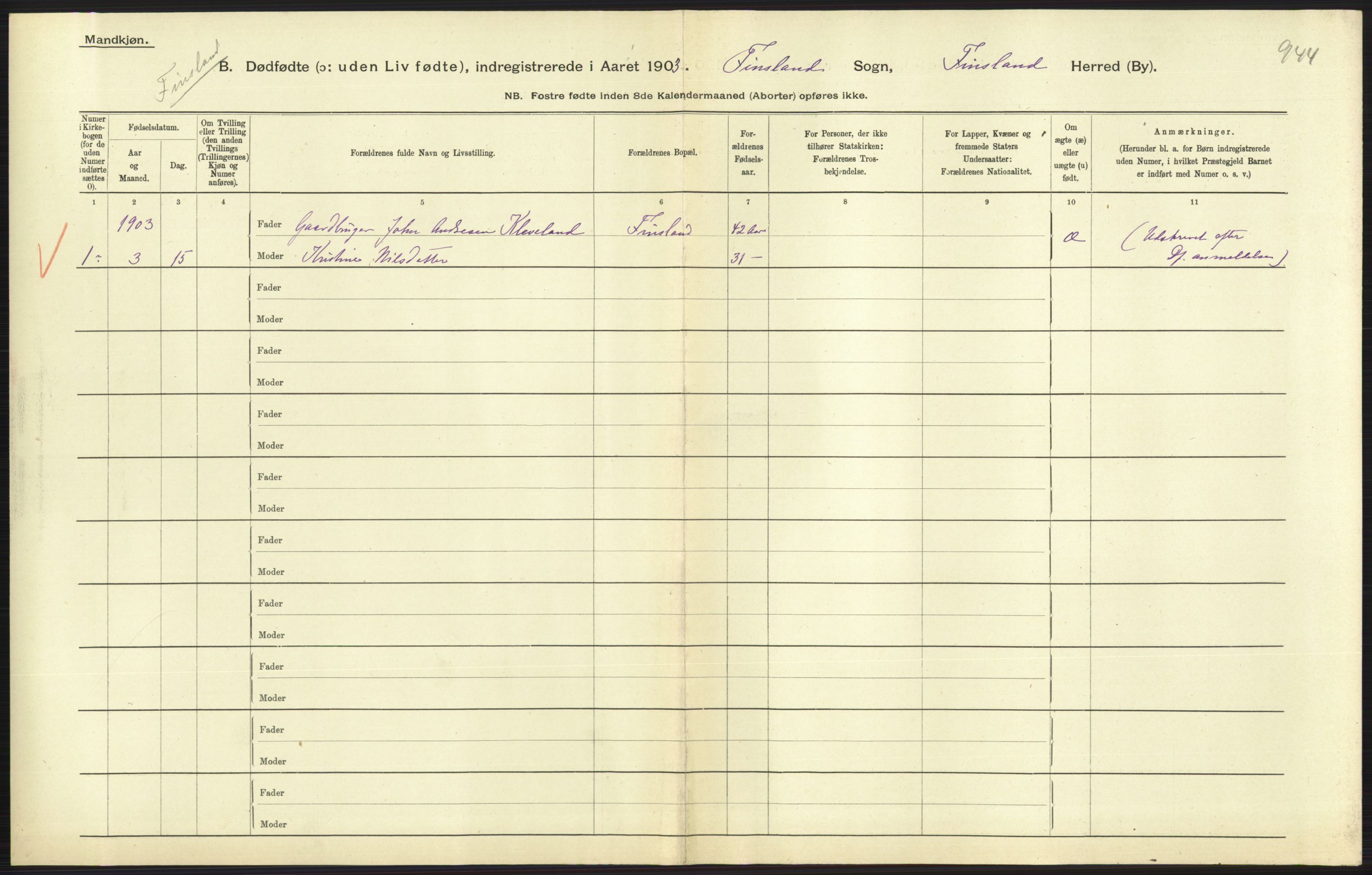 Statistisk sentralbyrå, Sosiodemografiske emner, Befolkning, AV/RA-S-2228/D/Df/Dfa/Dfaa/L0024: Smålenenes - Stavanger amt: Dødfødte. Bygder., 1903, p. 487