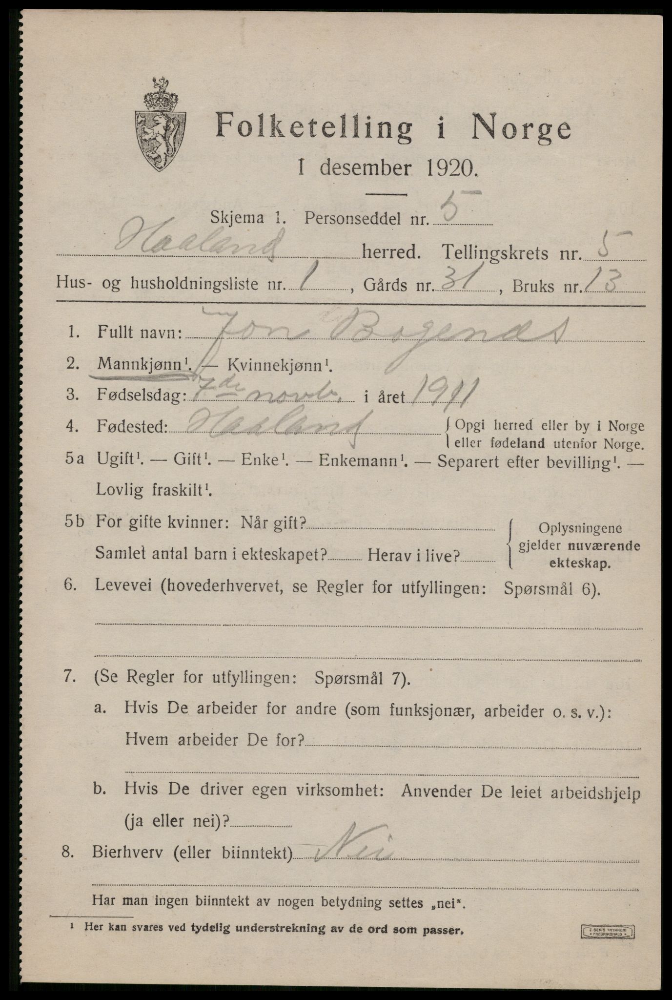 SAST, 1920 census for Håland, 1920, p. 4523