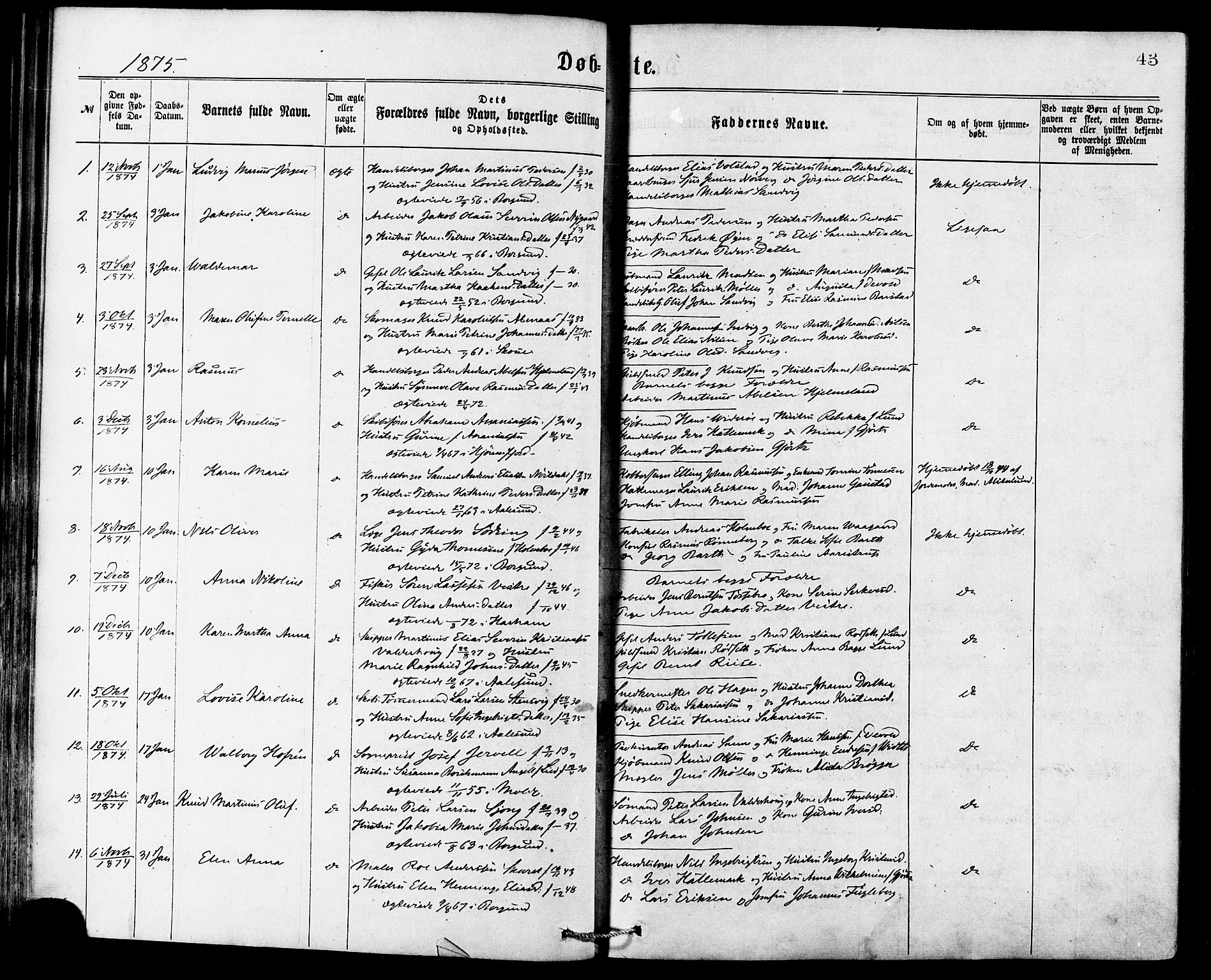 Ministerialprotokoller, klokkerbøker og fødselsregistre - Møre og Romsdal, SAT/A-1454/529/L0453: Parish register (official) no. 529A03, 1872-1877, p. 43
