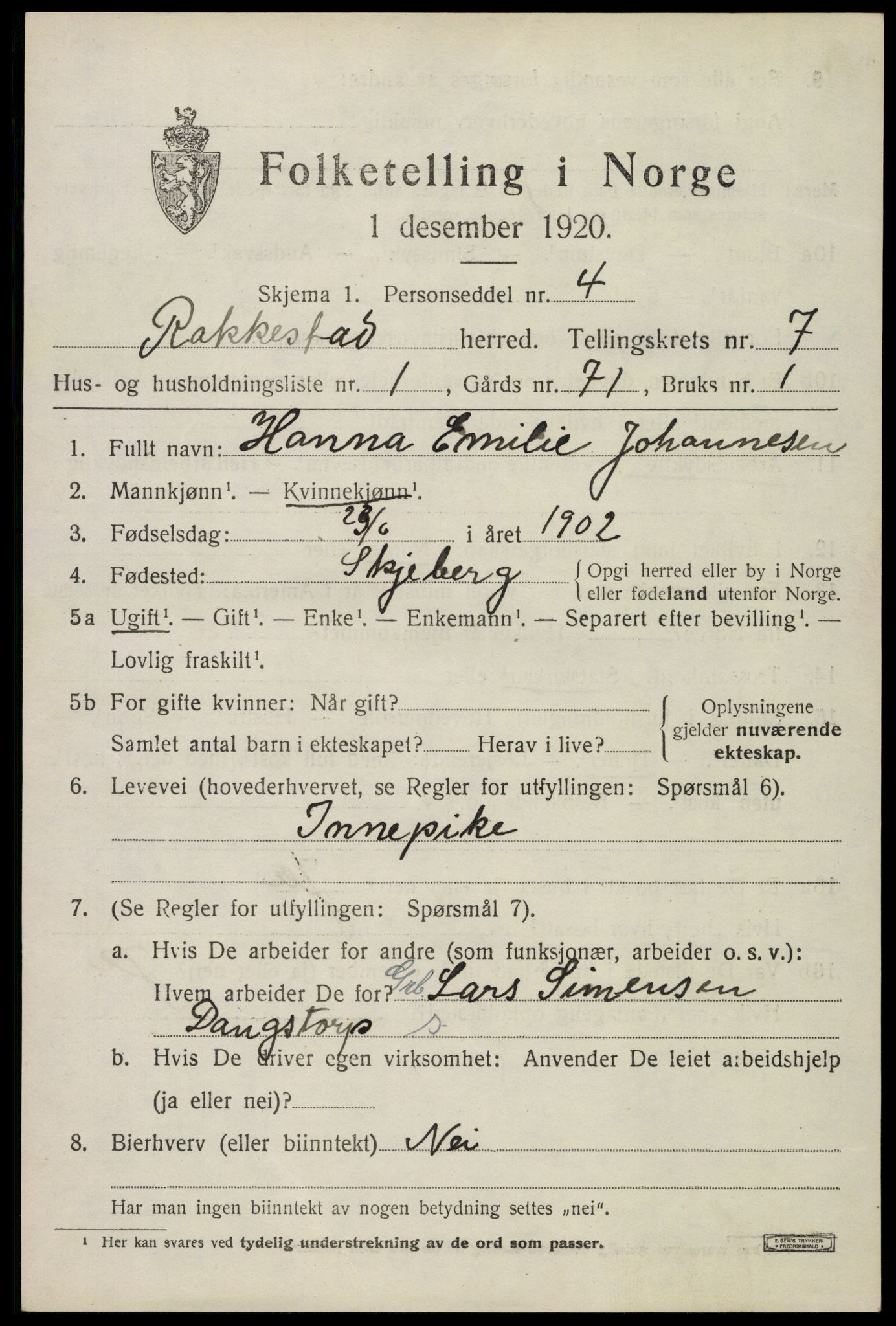 SAO, 1920 census for Rakkestad, 1920, p. 6825