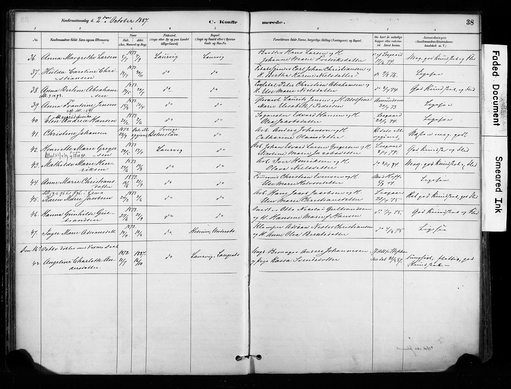 Larvik kirkebøker, AV/SAKO-A-352/F/Fa/L0008: Parish register (official) no. I 8, 1884-1902, p. 38