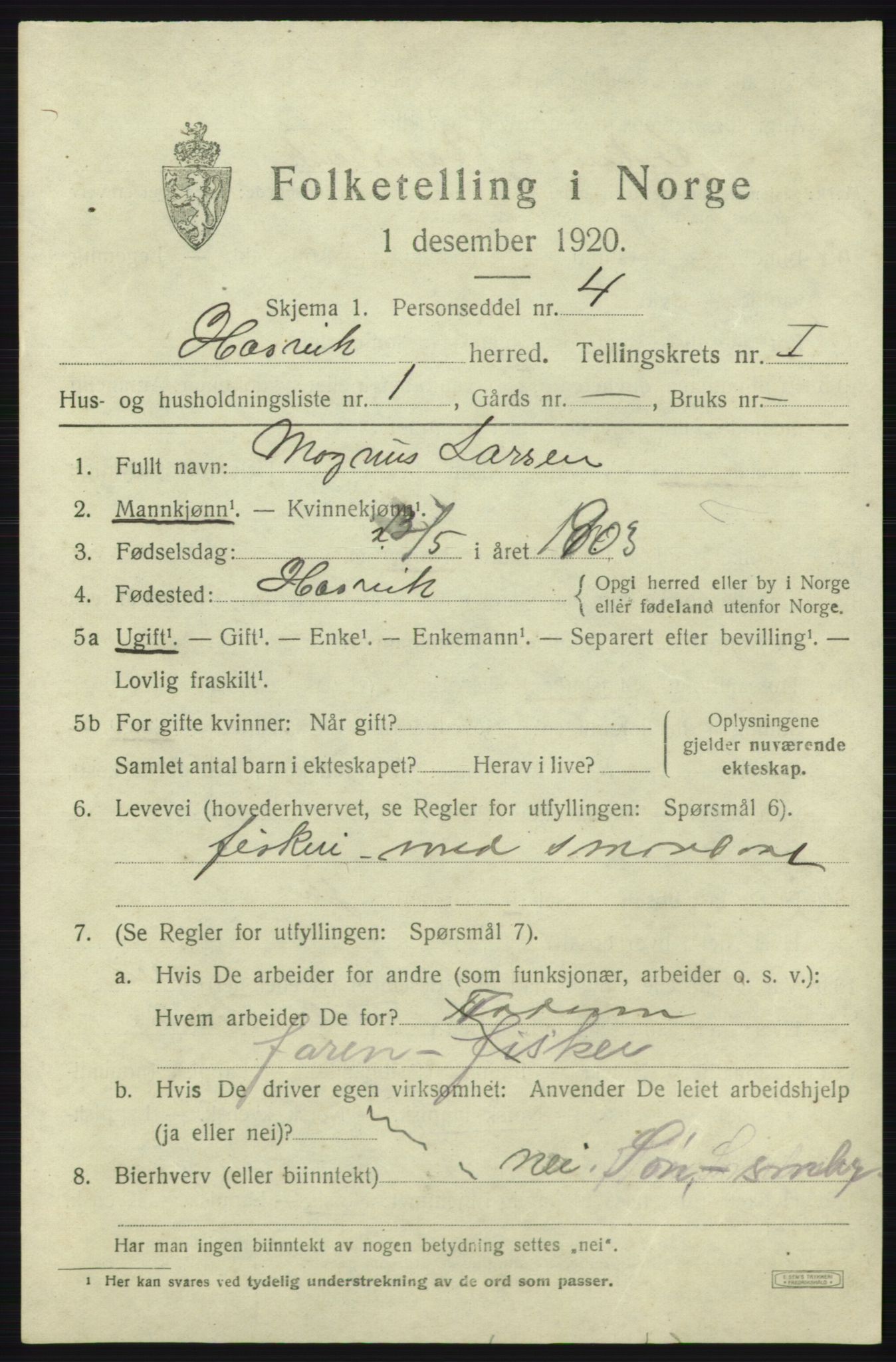 SATØ, 1920 census for Hasvik, 1920, p. 509