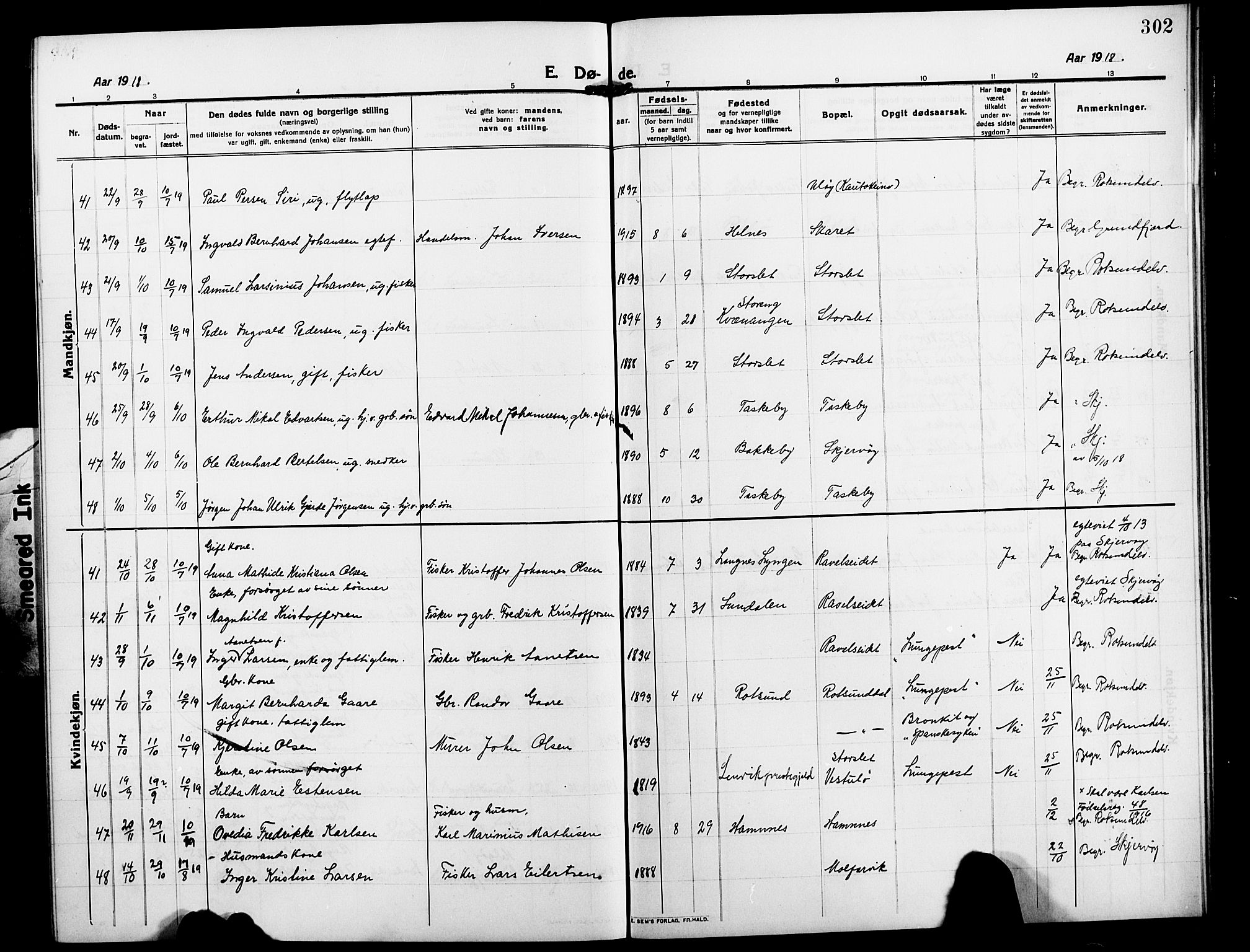 Skjervøy sokneprestkontor, AV/SATØ-S-1300/H/Ha/Hab/L0009klokker: Parish register (copy) no. 9, 1911-1926, p. 302