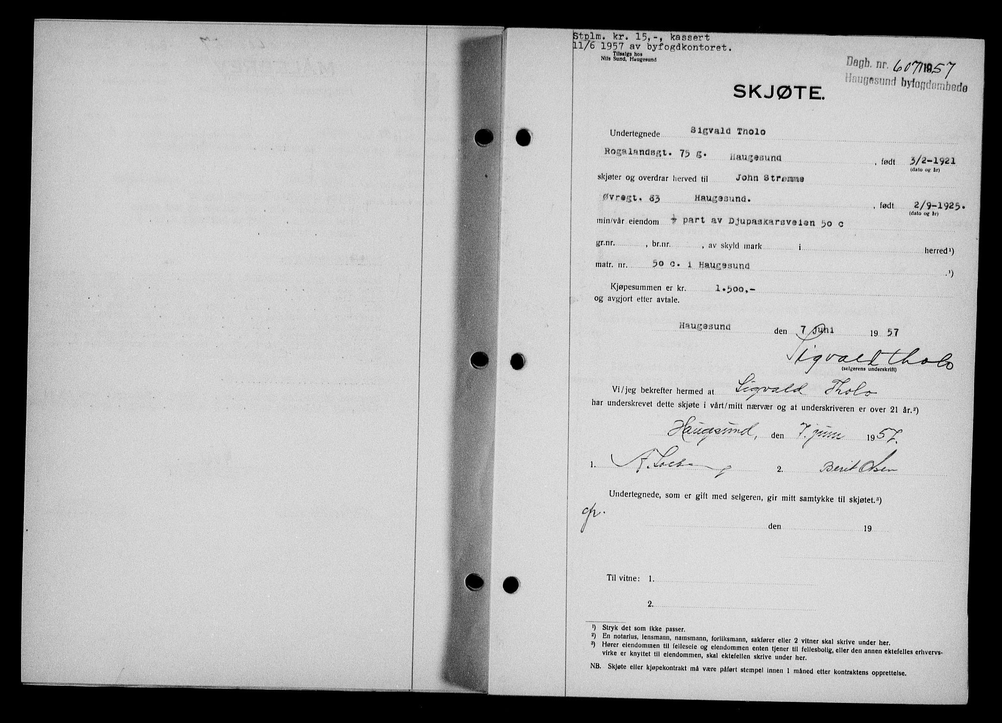 Haugesund tingrett, AV/SAST-A-101415/01/II/IIC/L0068: Mortgage book no. A 9, 1956-1958, Diary no: : 607/1957